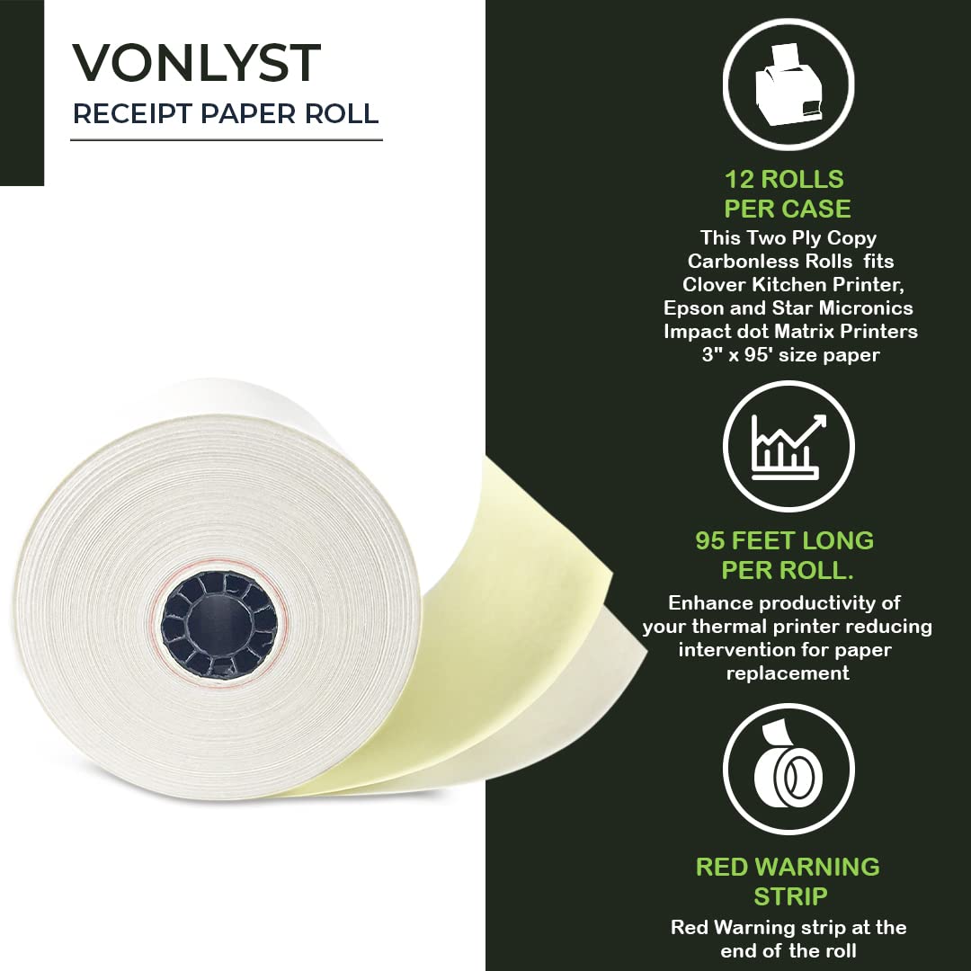 Clover Kitchen Printer Paper - 3x95 White/Canary Two Ply Carbonless Copy Rolls (12 Rolls) for Restaurant Receipts, Order Tickets & POS Systems
