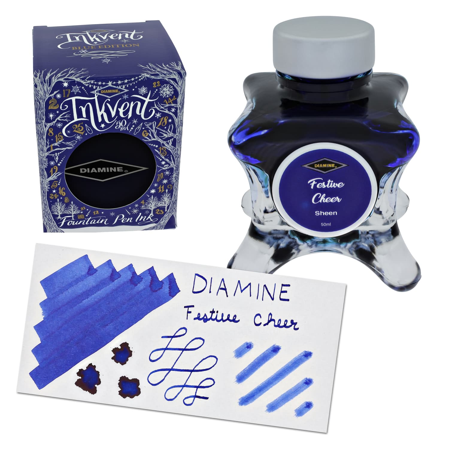 Diamine Inkvent Blue Edition Sheen Bottled Ink - 50 mL | Vibrant Blue Fountain Pen Ink with Festive Sheen for Calligraphy, Journaling & Holiday Writing