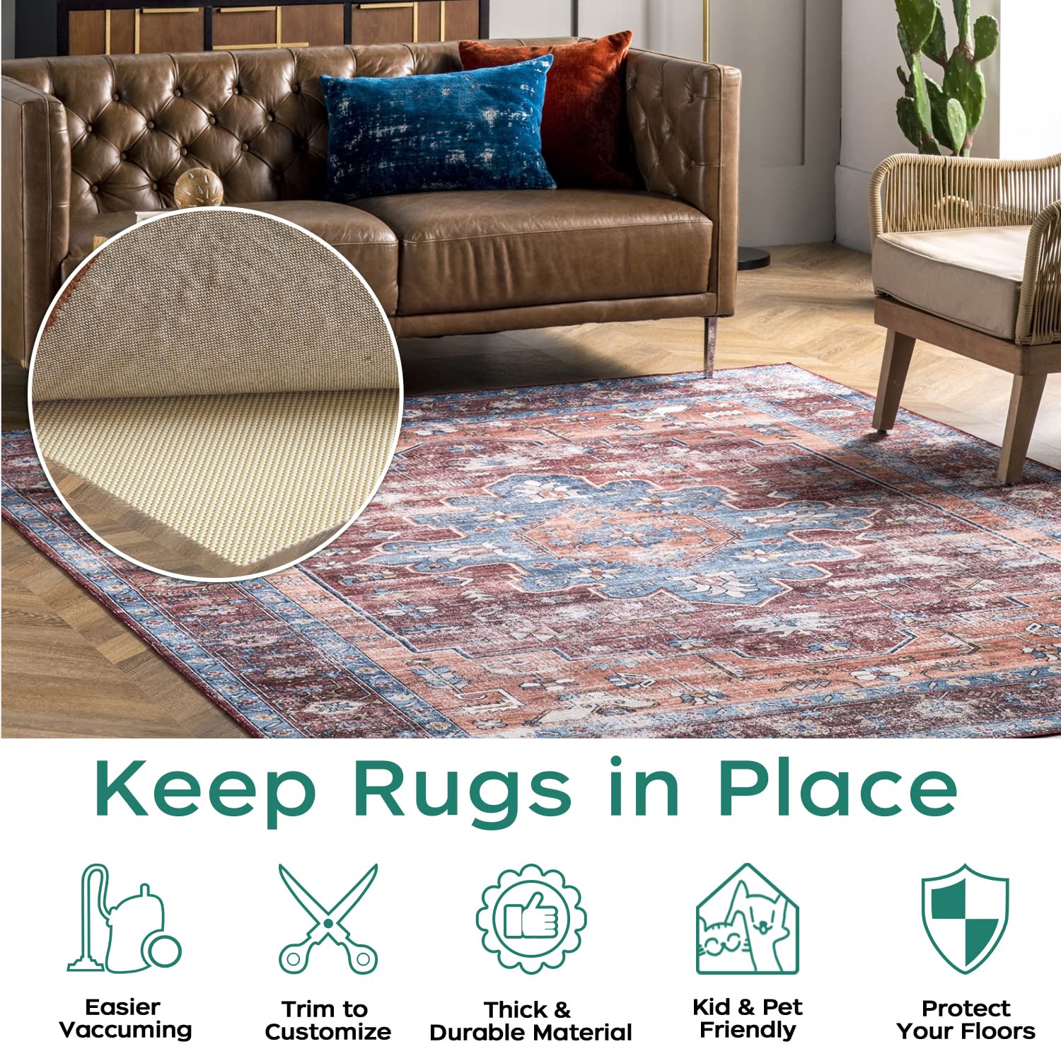 BAGAIL Non-Slip Rug Pad Gripper 8x10 Feet - Extra Thick Carpet Pad for Area Rugs & Hardwood Floors - Secure & Protect Rugs - Perfect for Living Room, Bedroom, Office & High Traffic Areas