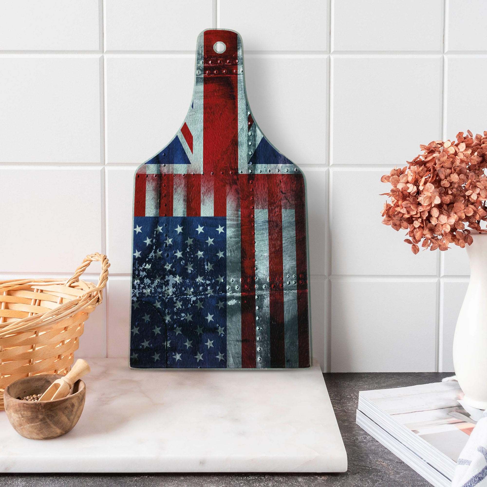 Ambesonne Vintage Union Jack & USA Flag Themed Tempered Glass Cutting Board - Grunge Industrial Design, Decorative Serving Board for Kitchen, Wine Bottle Shape in Navy Blue, White & Red - Perfect for Entertaining, Charcuterie & Wine Pairing