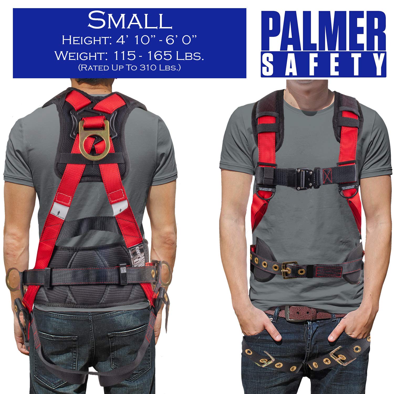 Palmer Safety Fall Protection Hammerhead Kit - 5 Point Safety Harness, 6ft Double Leg Lanyard, 18in D-Ring Extender (Red, Small) - OSHA Compliant Construction & Roofing Safety Gear for Workers