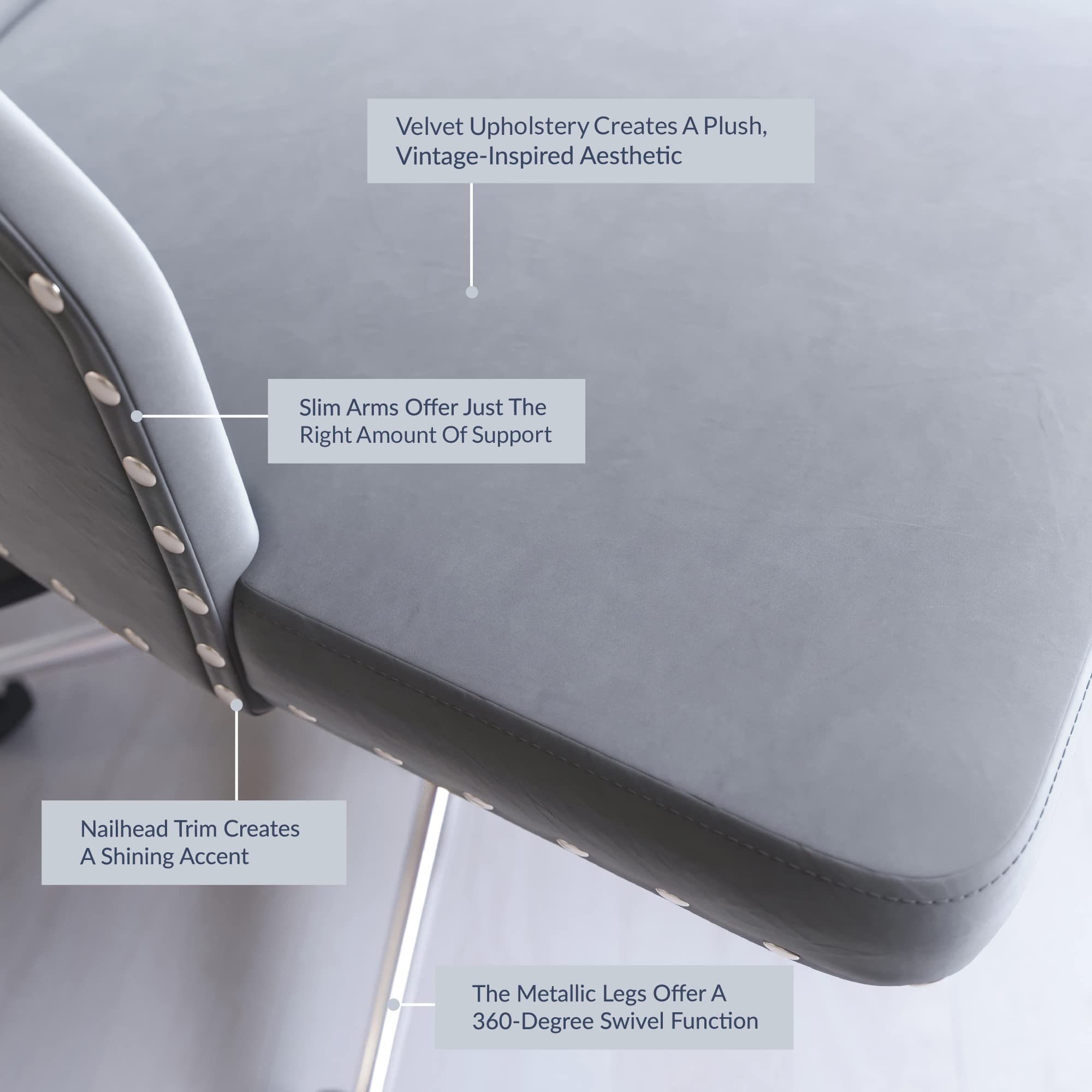 BELLEZE Modern Velvet Desk Chair - Adjustable Height Swivel Office Chair with Wheels, Tufted Upholstered Seat & Slim Arms for Home Office, Bedroom Vanity or Study Room - Gray (Belden Collection) - Perfect for Working from Home, Online Classes & Makeup Vanity