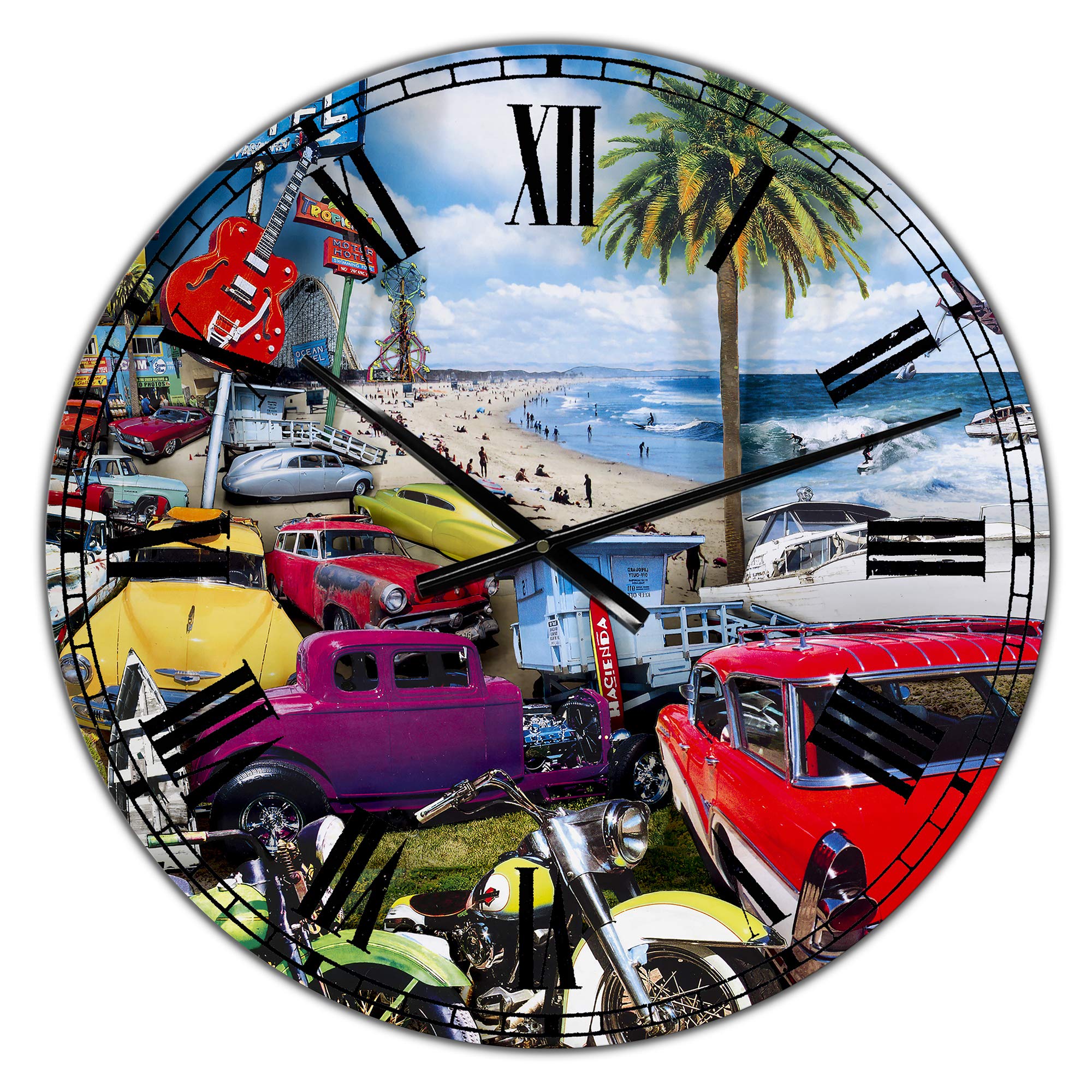 DesignQ Modern Round Wall Clock 'Surfside Motor Court 1' - 12 Inch Red Vintage Wall Clock for Living Room, Bedroom, Office Decor | Perfect for Coastal, Retro & Mid-Century Modern Home Interiors