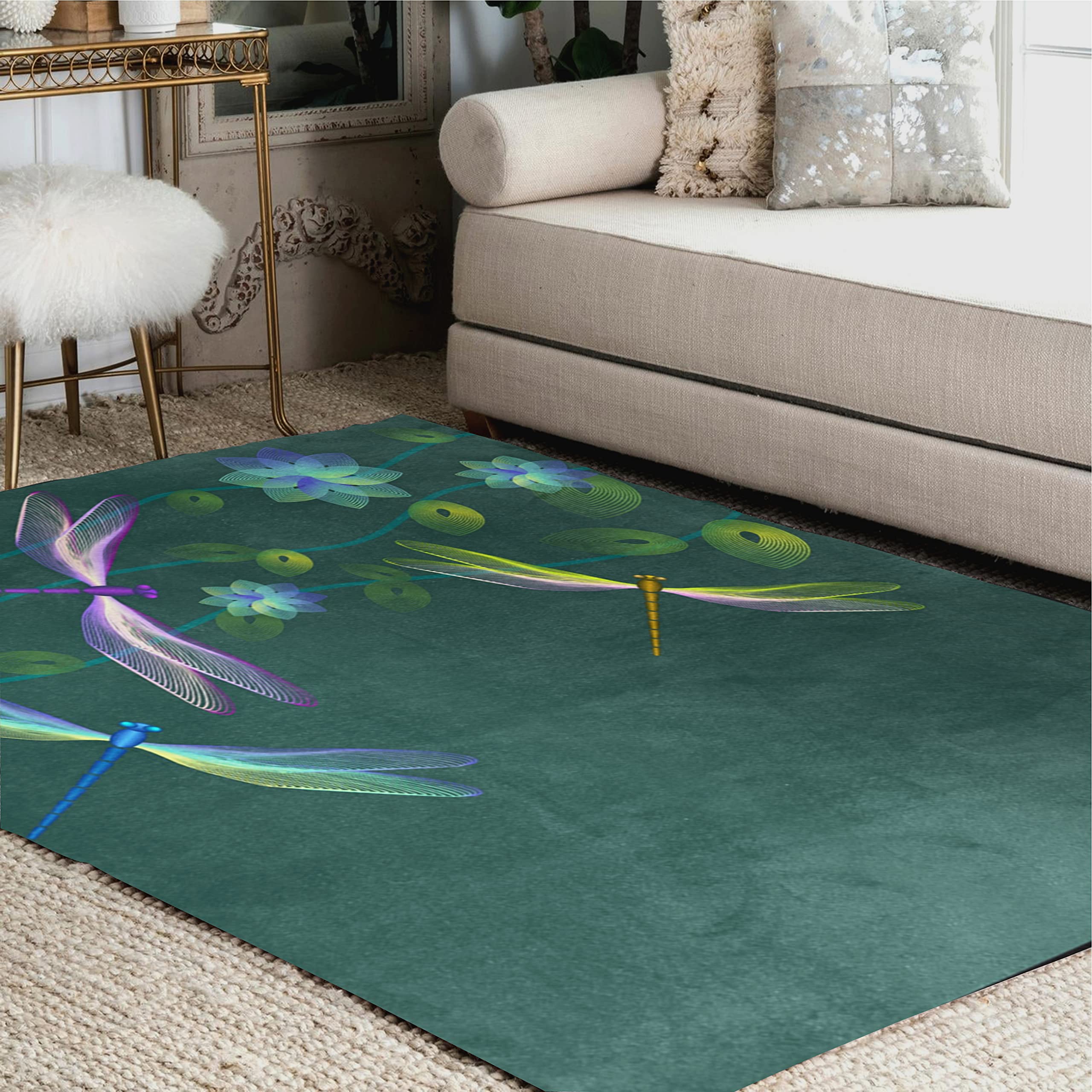 ALAZA Blue Floral Dragonfly Print Area Rug - 7' x 5' Soft Non-Slip Living Room Bedroom Rug - Perfect for Boho Home Decor, Nursery & Dorm Room Floor Covering