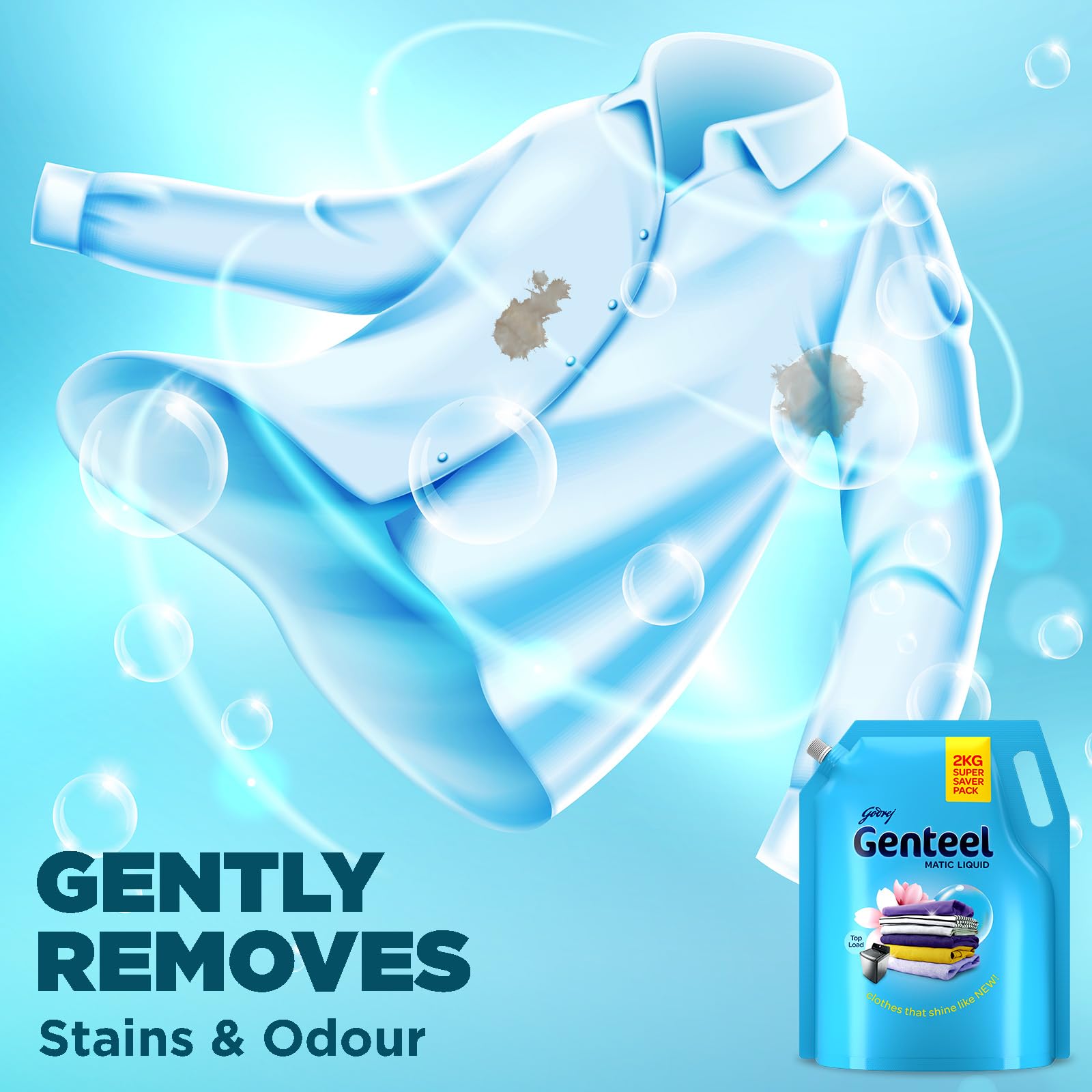 Genteel Matic Liquid Laundry Detergent Refill Pouch 2kg for Top Load Washers - Soda-Free Formula with Built-In Fabric Softener | Ideal for Families, Large Loads & Sensitive Skin | Perfect for Everyday Laundry, Baby Clothes & Delicate Fabrics