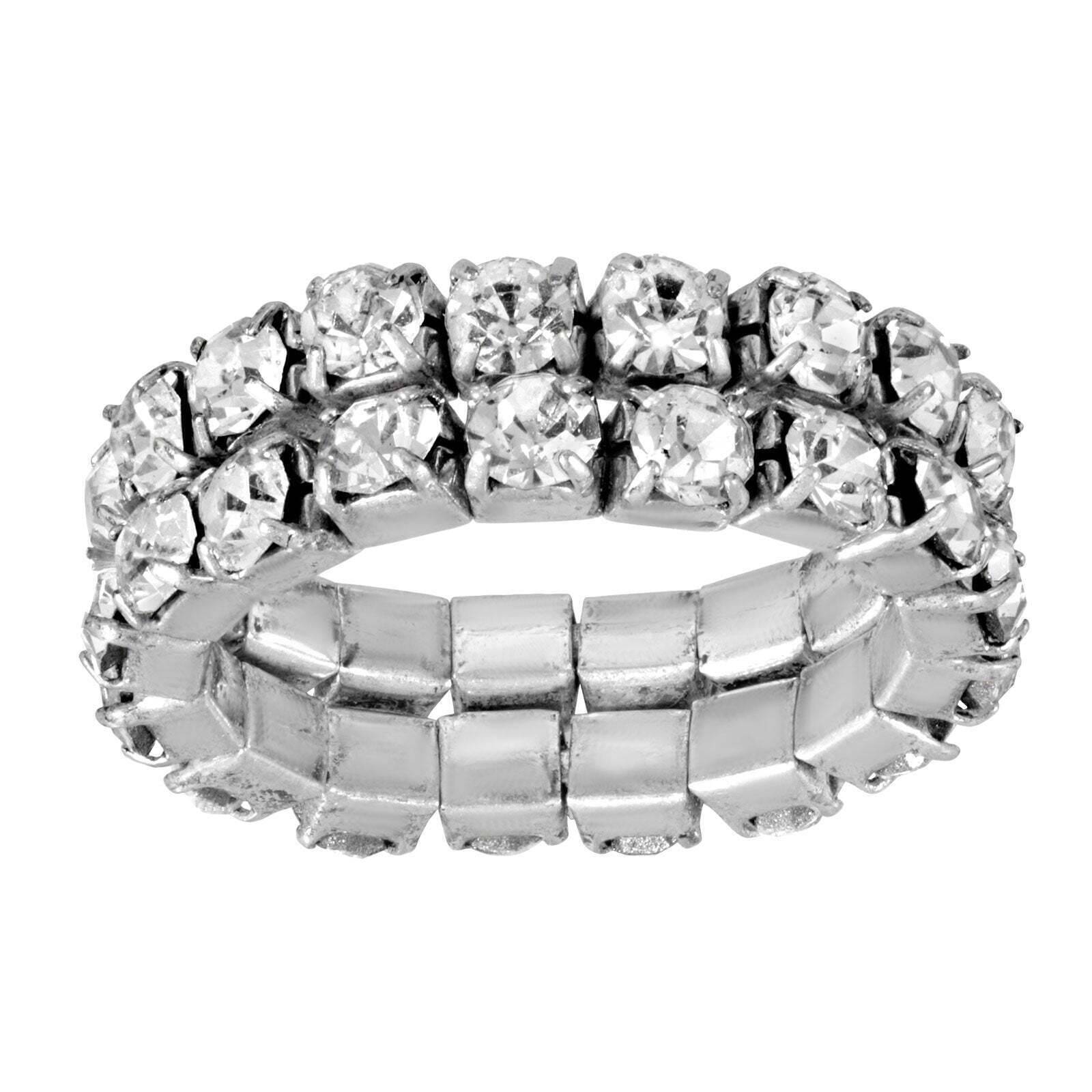 1928 Jewelry Double Stacked Brilliant Crystal Stretch Ring Set for Women - Elegant Stackable Rings for Everyday Wear & Special Occasions