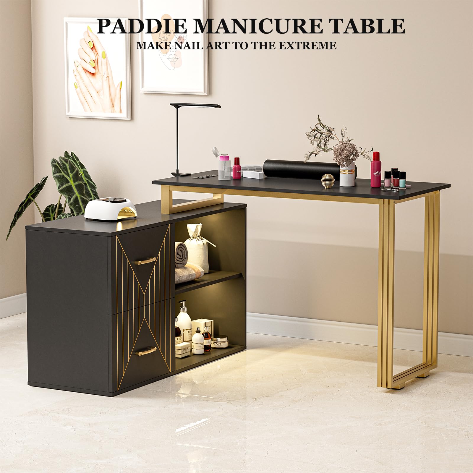 16 Colors LED Manicure Table with 2 Drawers & Shelves - L-Shaped Nail Tech Station for Beauty Salon - Includes Wrist Rest & Metal Handles (Black) - Perfect for Professional Nail Artists & Home Nail Care