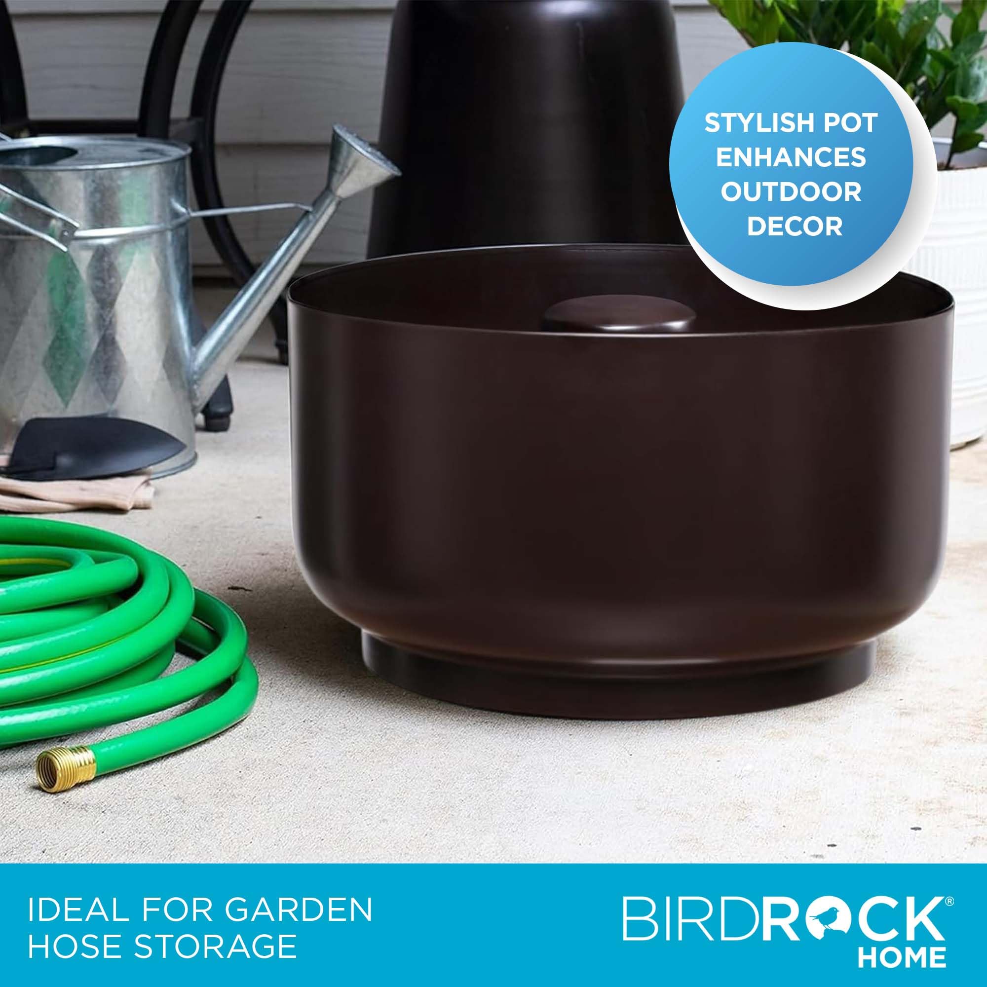 BIRDROCK HOME Decorative Footed Water Hose Holder Pot with Lid - 100ft Garden Hose Storage - Powder Coated Steel Outdoor/Indoor Organizer (Oil Rubbed Bronze) - Perfect for Yard, Patio, and Garage Organization