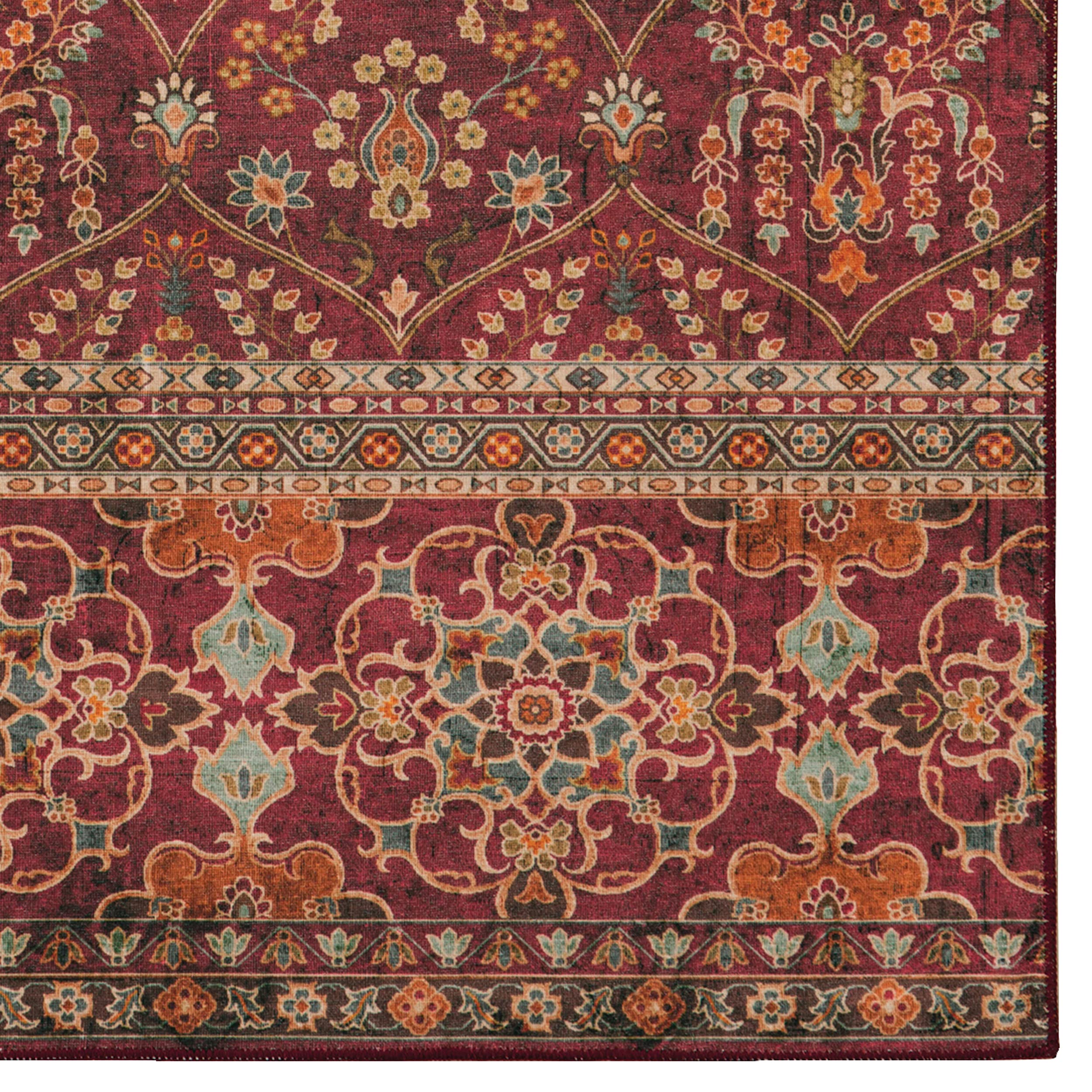 Linon Home Decor Washable Area Rug 5' x 7' - Yarit Garnet & Ivory - Soft Non-Slip Indoor Outdoor Rug for Living Room, Bedroom, Patio