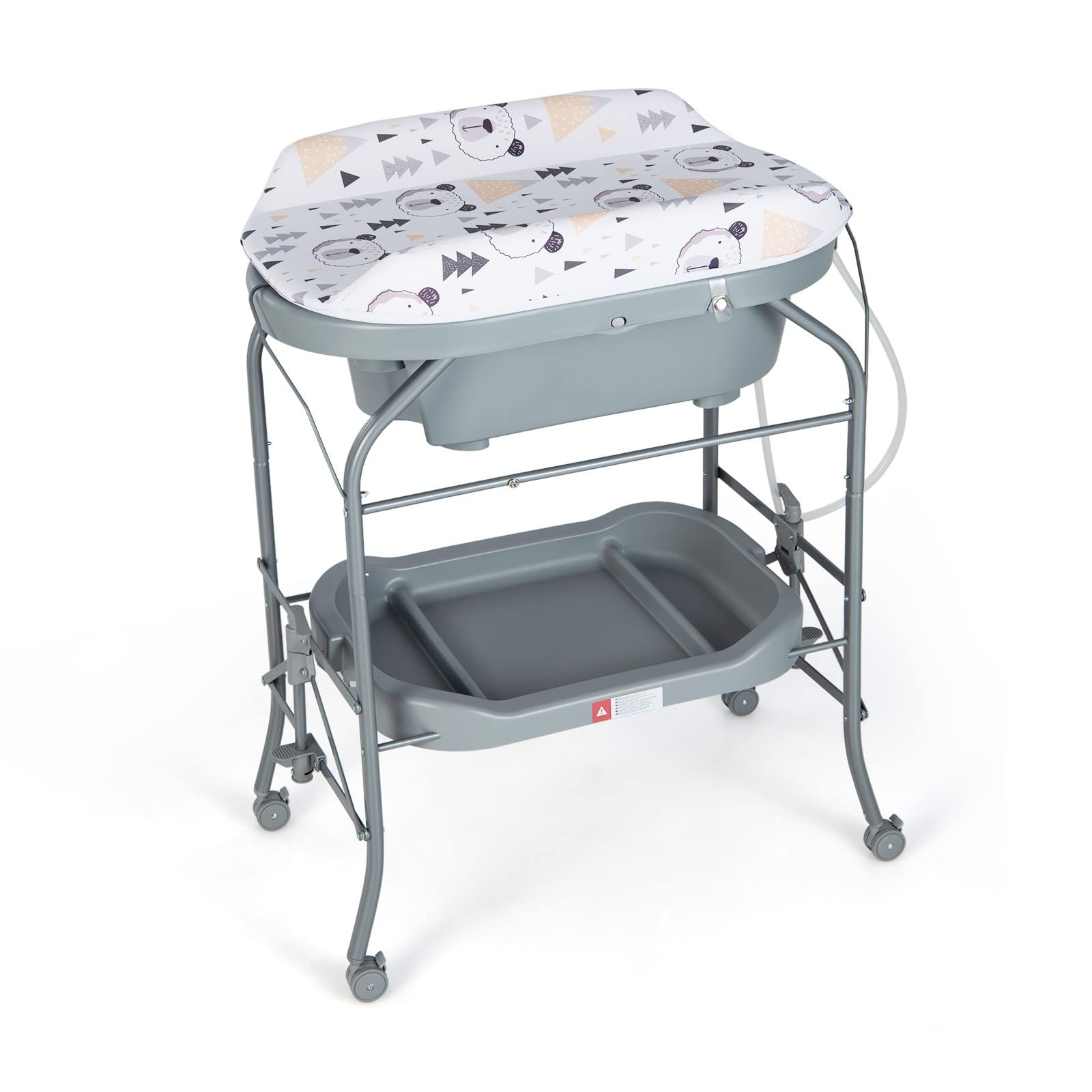 GYMAX Portable Folding Baby Changing Table with Bathtub - Newborn Diaper Changing Station with PVC Pad, Storage Tray & Wheels - Nursery Organizer for Infant Care (Grey) - Perfect for Home Nursery, Daycare & Travel Use