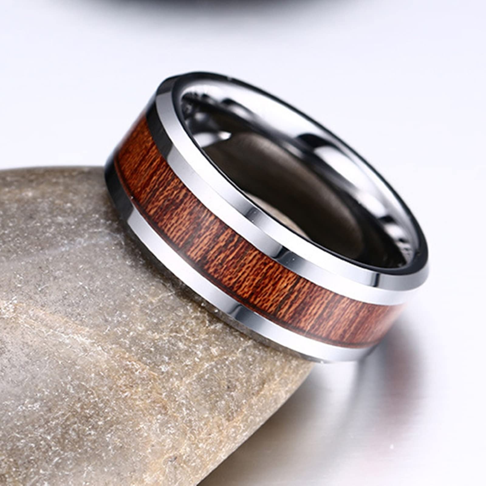 ANAZOZ Men's Tungsten Carbide Engagement Ring - 8MM Wooden Promise Band with Beveled Edge - Durable Wedding Ring for Him - Perfect for Proposals, Anniversaries & Special Occasions