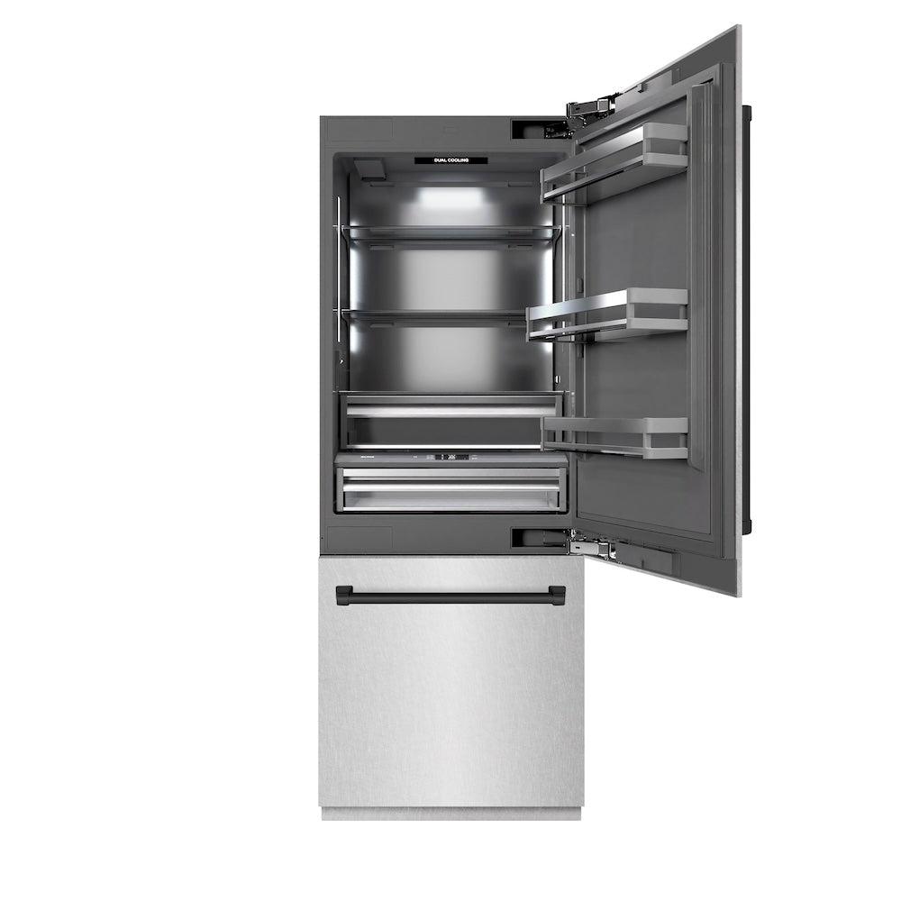 ZLINE Autograph Edition 30-Inch Built-In Bottom Freezer Refrigerator - 16.1 cu.ft Capacity, Satin Stainless Steel with Graphite Gray Interior & Matte Black Accents - Water Dispenser & Ice Maker - Perfect for Modern Kitchens & Open-Concept Homes (GRBIVZ SN 30 MB)