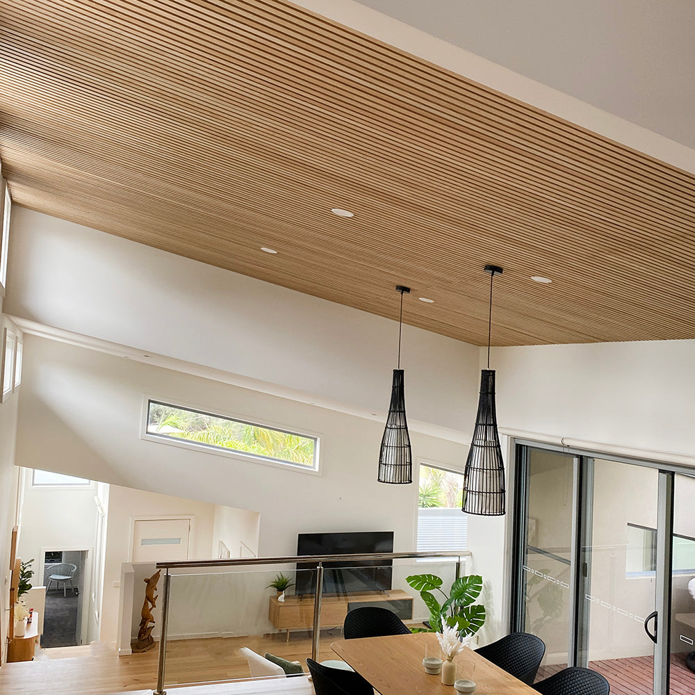 WOODFLEX Flexible Acoustic Wood Slat Panel - 3 Sided Oak Veneer on Light Grey - 2700mm x 600mm - Soundproof Wall Panels for Home Theater, Office & Studio Decoration