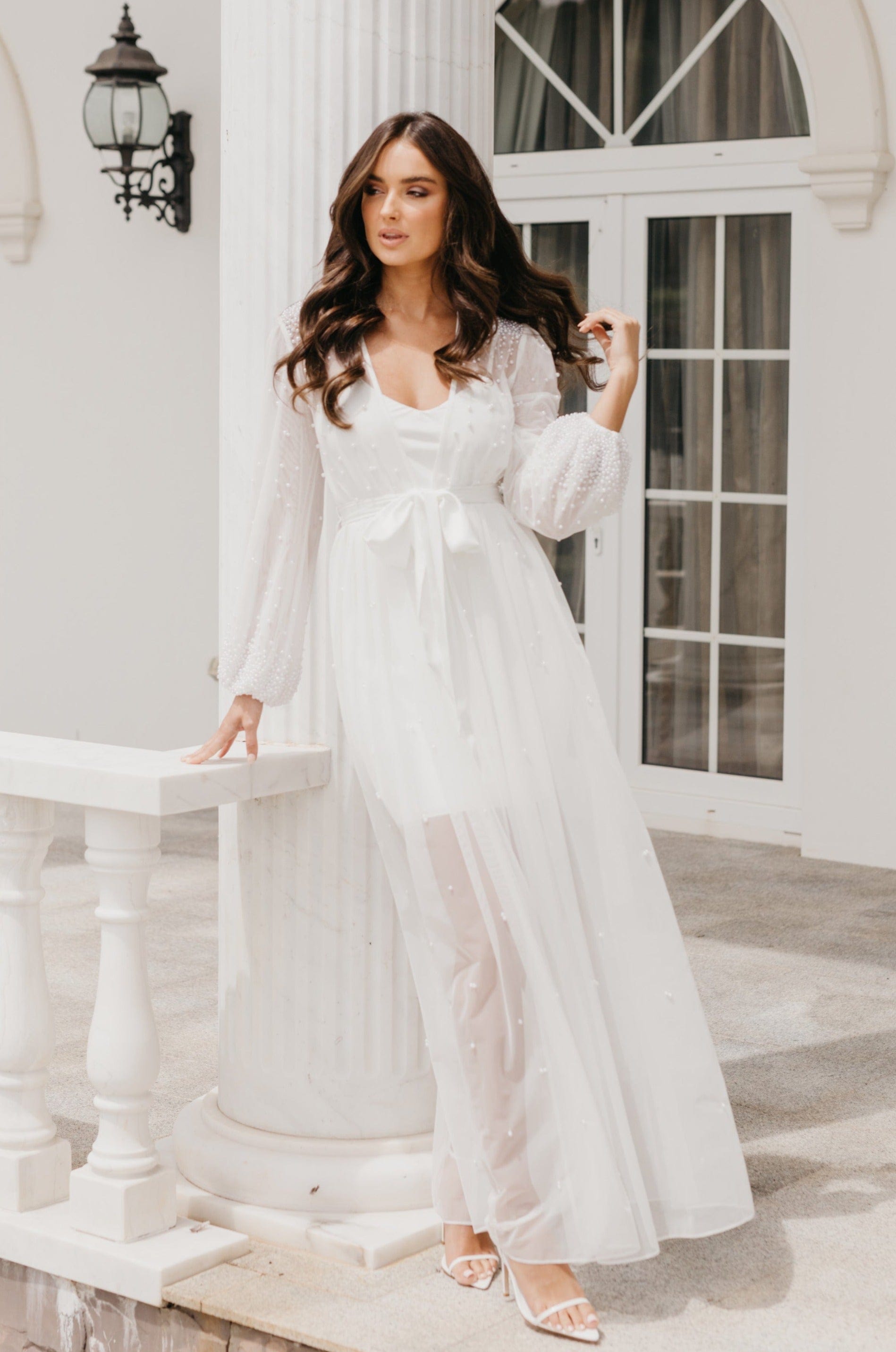 Millie Hand-Beaded Pearl Mesh Maxi Dress with Slip - Elegant Evening Gown for Weddings, Parties & Special Occasions