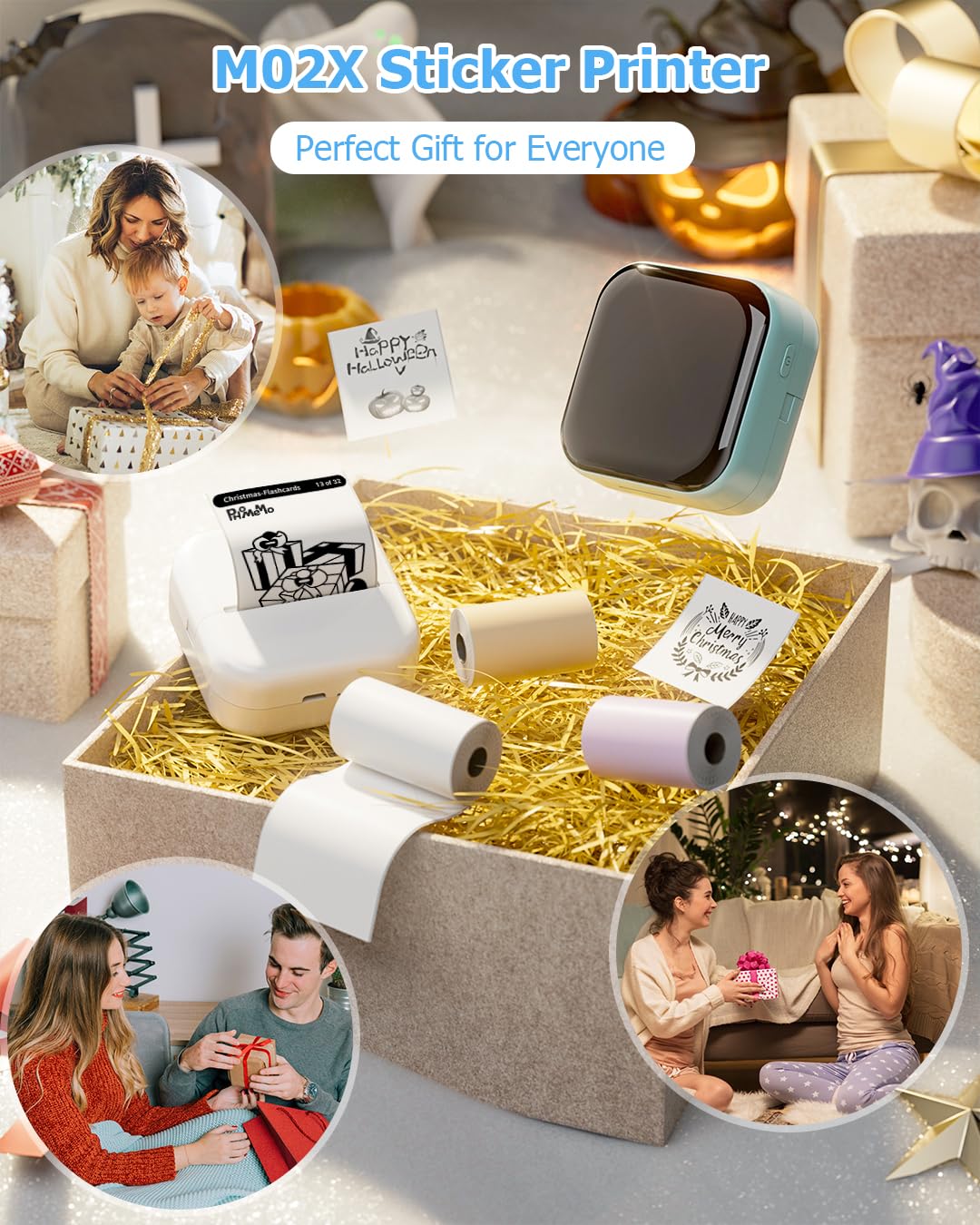 Bluetooth Mini Sticker Printer M02X - Portable Inkless Pocket Photo Printer with 3 Rolls Paper for Study Notes, DIY Crafts, Scrapbooking, Memories & Gift Giving - Perfect for School, Office, Travel and Home Use