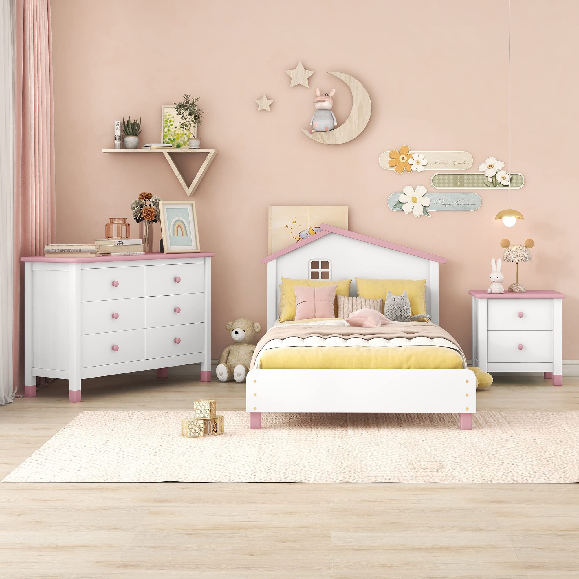 Harper & Bright Designs 3-Piece Twin Size Wooden Bedroom Set with Platform Bed, Nightstand & Storage Dresser - Modern Kids, Teens & Adults Bedroom Furniture (White & Pink) | Perfect for Small Spaces, Guest Rooms & Dorm Decor