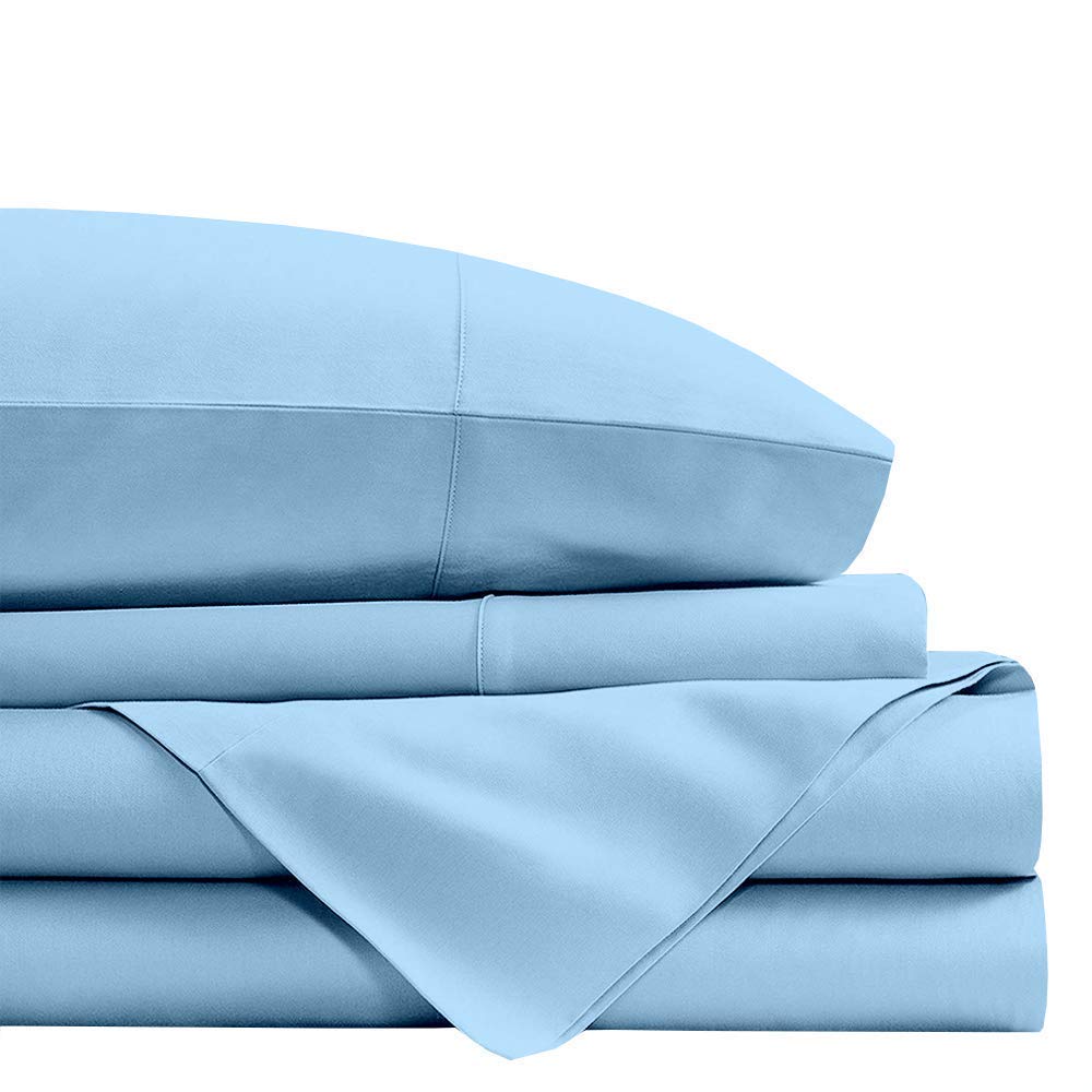 4-Piece 100% Cotton Short Queen Sheet Set - 28 Inch (1 Flat Sheet, 1 Fitted Sheet, 2 Pillowcases) - Sky Blue - Soft & Breathable Bedding for Comfortable Sleep
