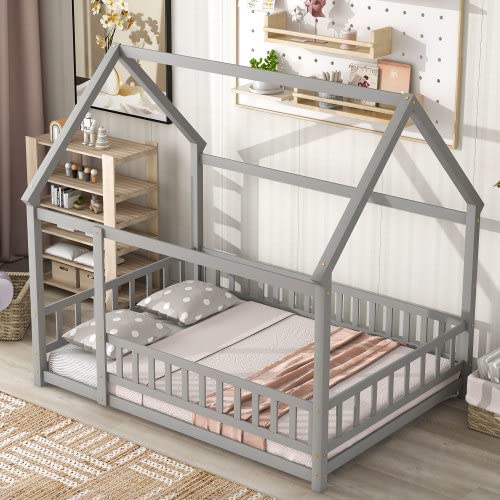 Full Size Wooden Bed Frame with Roof and Guardrails - Easy Assembly House Bed for Kids, Teens, Boys & Girls (White) | Perfect for Bedroom, Playroom, and Kids' Sleep Safety