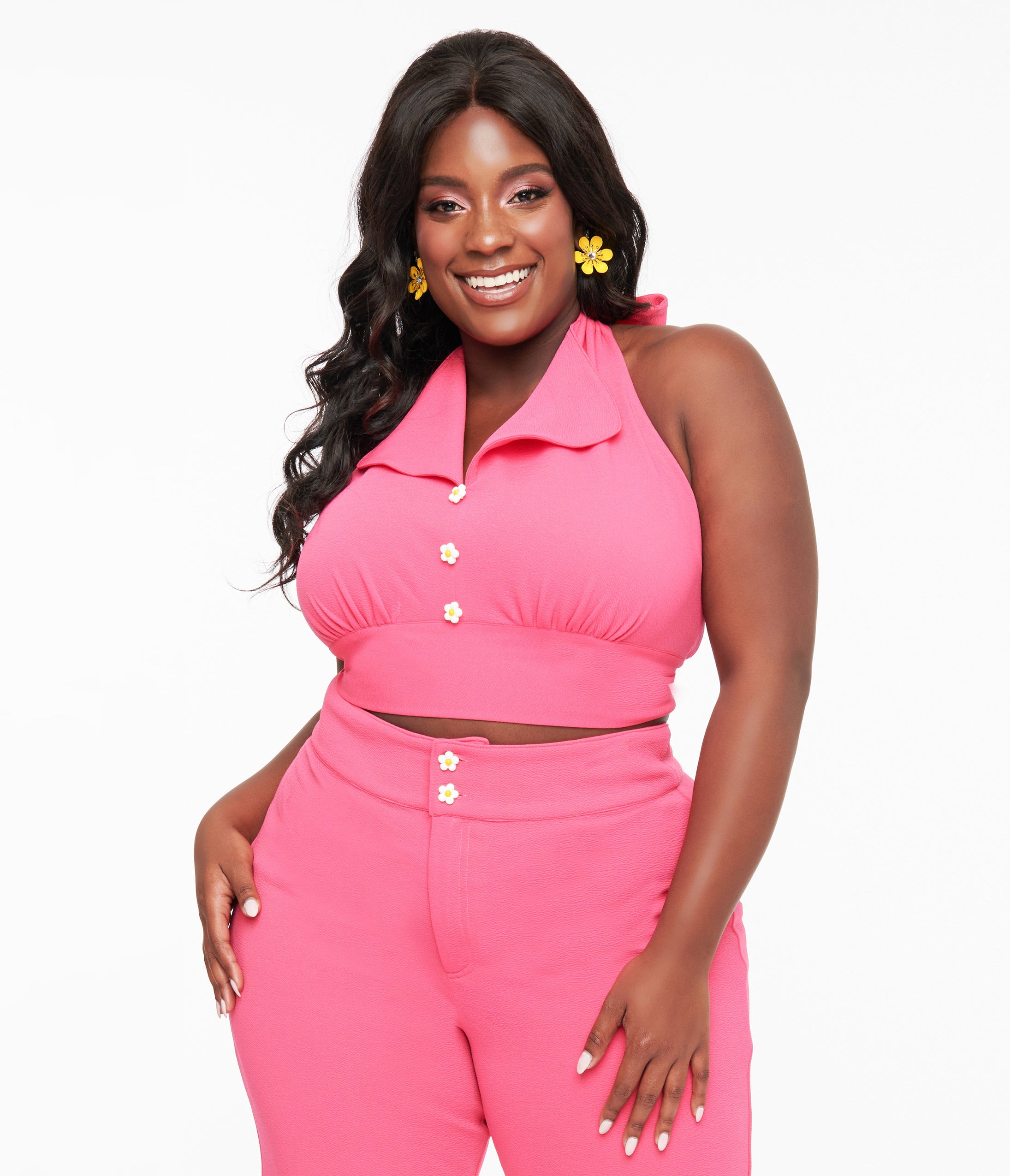 Smak Parlour Plus Size 1960s Hot Pink Halter Crop Top | Vintage Retro Halter Neck Blouse for Women | Perfect for Parties, Concerts & 60s Theme Events
