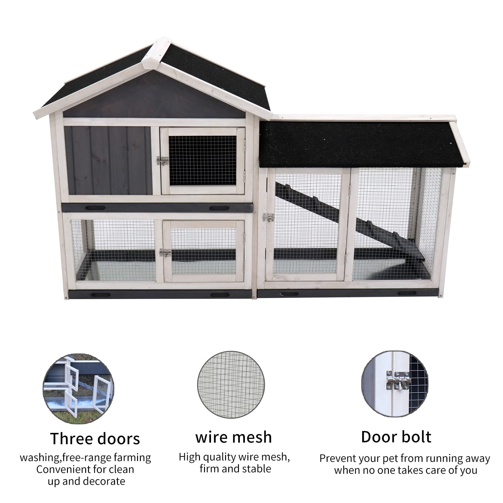 Premium Large Wooden Rabbit Hutch Cage - Indoor/Outdoor Bunny House with Removable Trays & UV Panel - Guinea Pig/Chicken Coop for Small Pets (Black) - Perfect for Backyard, Garden, or Patio Use