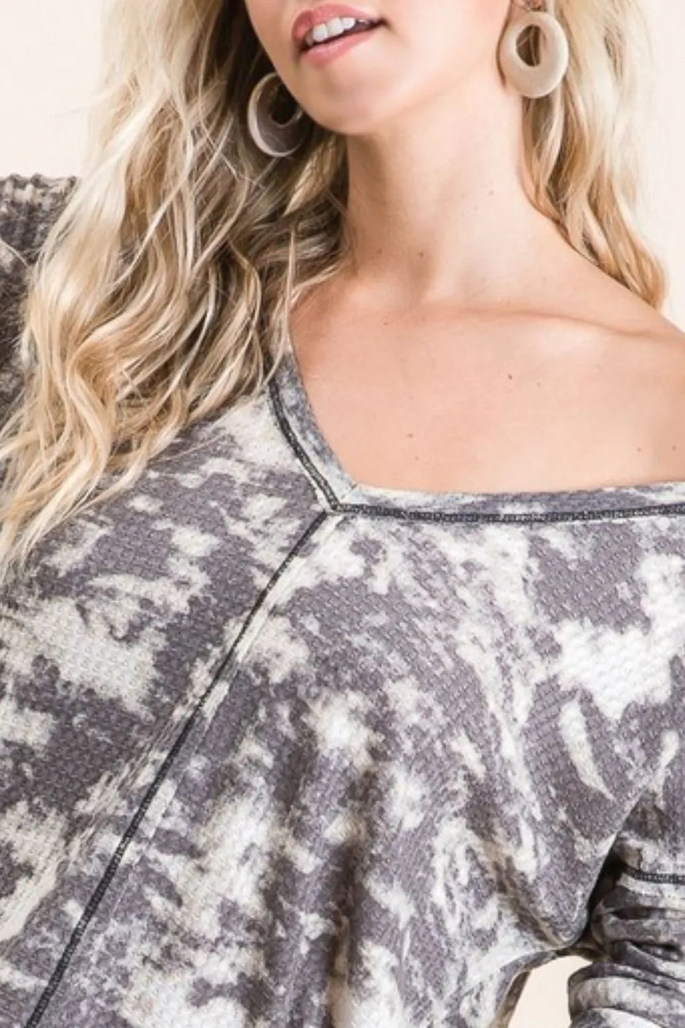 BiBi Tie Dye Print Waffle Knit V-Neck T-Shirt | Soft Cotton Blend Women's Top | Casual Wear for Summer, Beach & Music Festivals