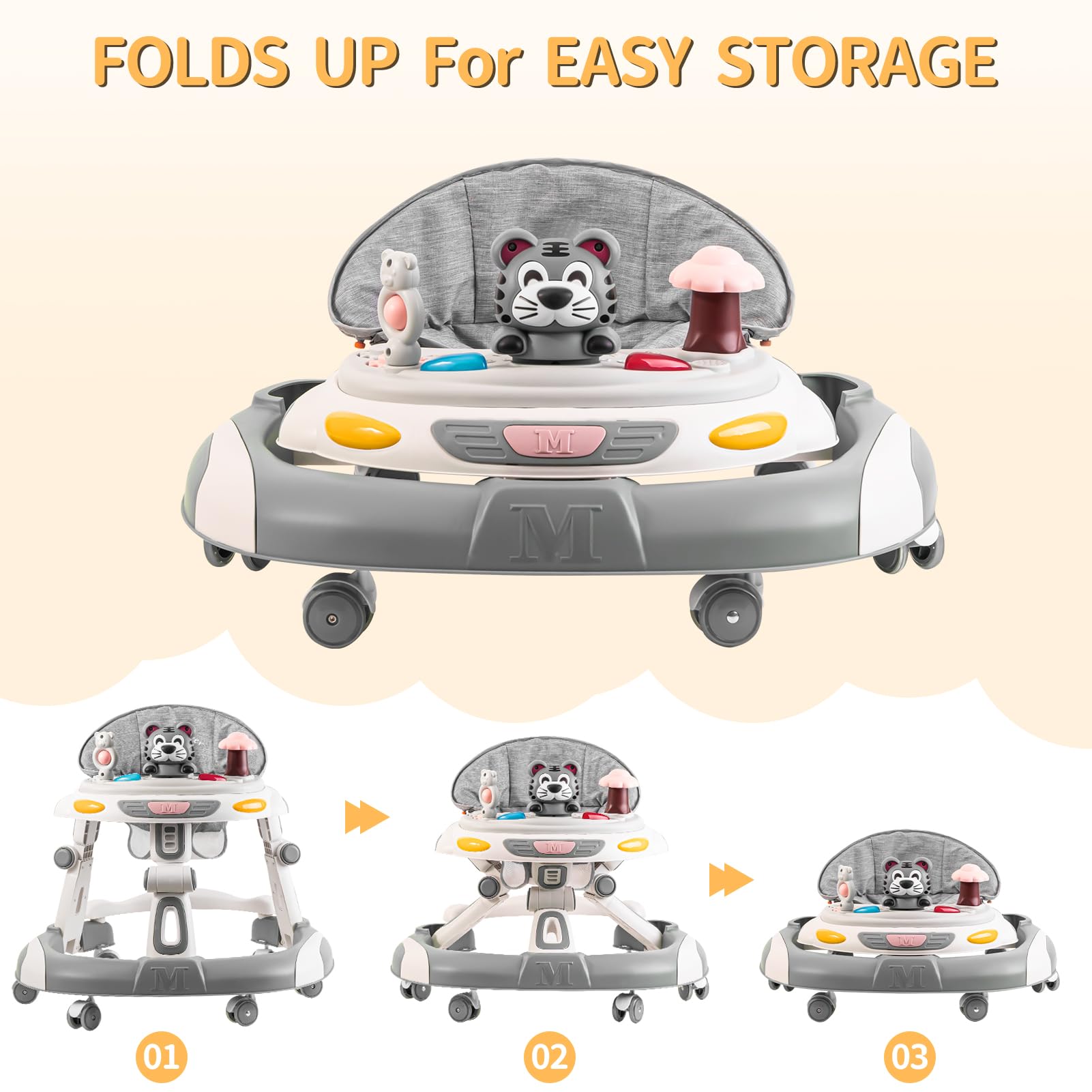 4-in-1 Foldable Baby Walker & Activity Center with Toy Tray - 3-Level Height Adjustable Infant Walker with Wheels for Boys & Girls 6-24 Months (Grey) - Perfect for Learning to Walk, Playtime & Indoor Activities