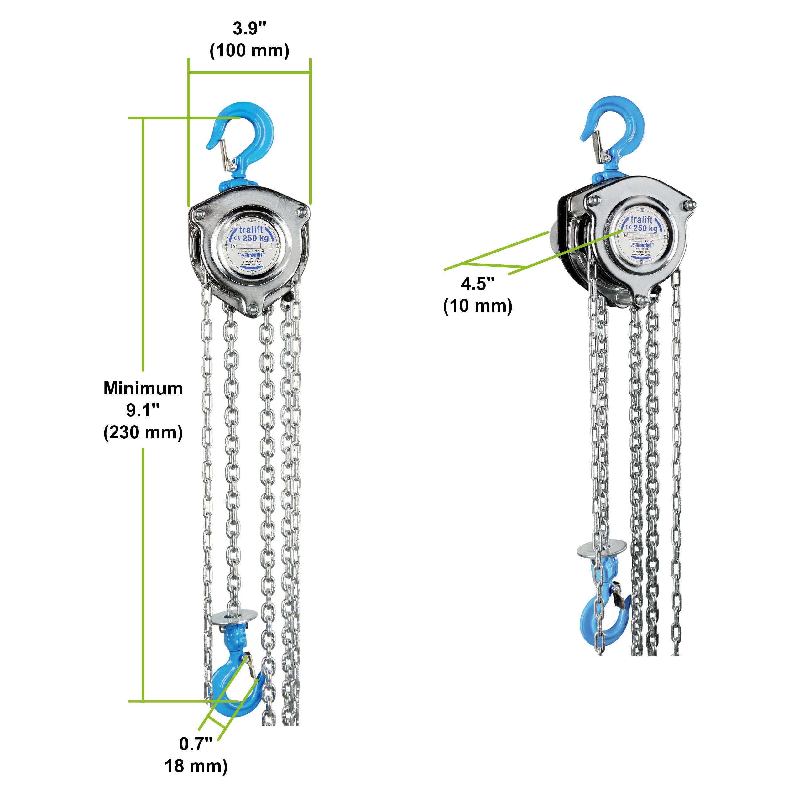 Tractel Manual Chain Hoist 1/4 Ton (500 lbs Capacity) - 10 ft Steel Chain - Industrial Grade Construction Hoist for Workshop, Garage & Job Site - Heavy Duty Lifting Equipment for Construction, Maintenance & DIY Projects