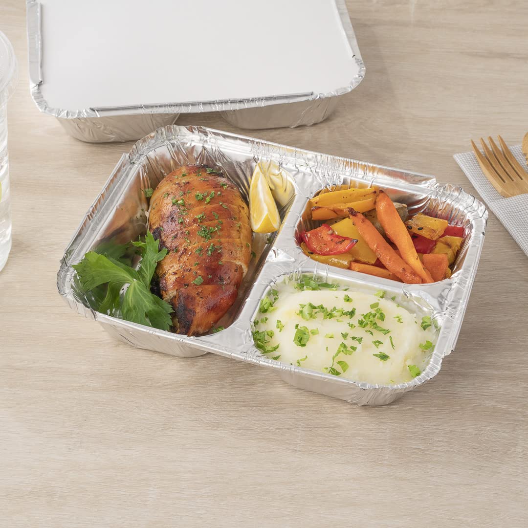 Restaurantware Foil Lux 23oz Aluminum Food Storage Containers - 100-Pack 3-Compartment Rectangle Pans for Baking, Meal Prep & Leftovers (Lids Sold Separately) | Durable & Reusable for Catering, Restaurants & Home Cooking