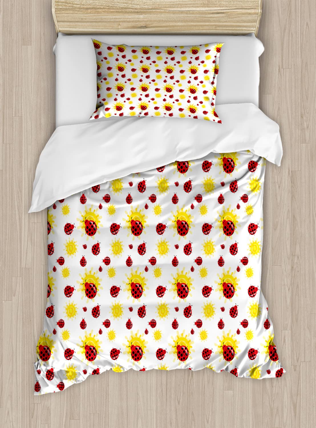 Ambesonne Ladybugs Duvet Cover Set - Summer Inspired Sun Pattern with Cartoon Bug Design, 2-Piece Twin Size Bedding (2 Duvet Covers + 2 Pillowcases) in Red, Black & Yellow - Perfect for Kids' Rooms, Dorm Decor & Themed Bedrooms