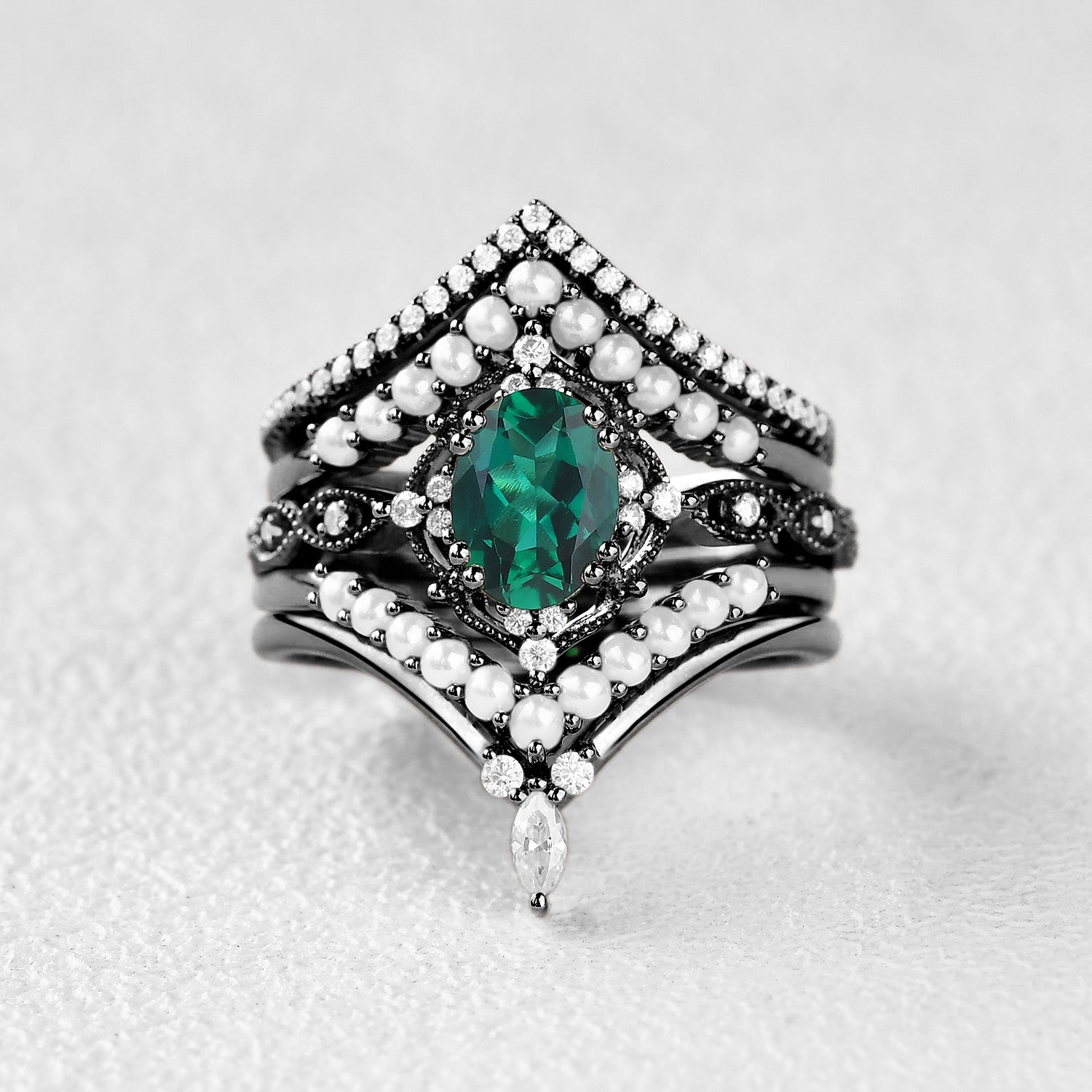 Vintage Rose Gold Ring Set with Black Gold & Emerald - 5 Piece Jewelry Collection for Women | Perfect for Weddings, Parties & Special Occasions
