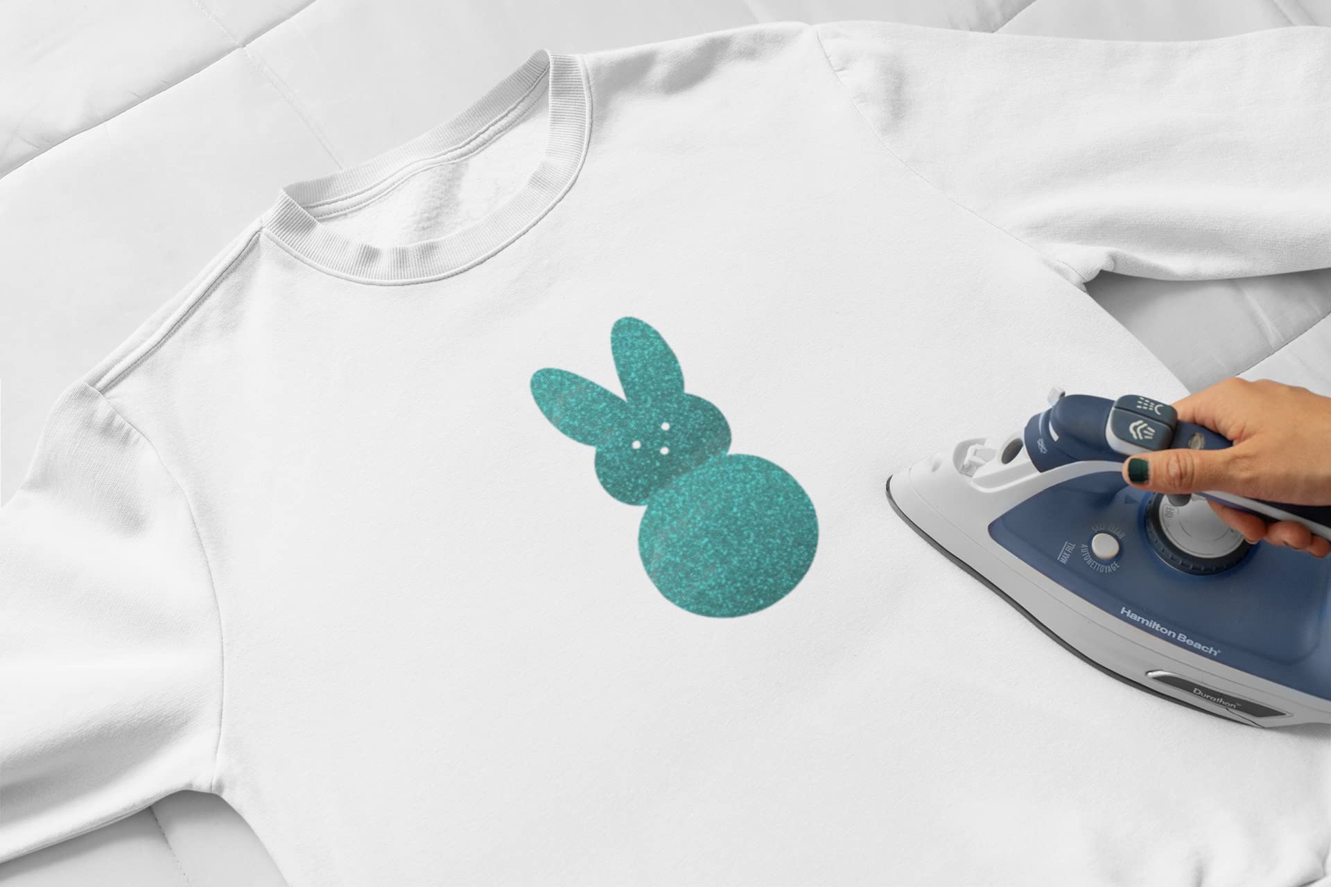 Bunny Iron On Decal - Easter Bunny Heat Transfer Patch for DIY Crafts, Kids Easter Gifts & Apparel Decoration (Blue Glitter) - Perfect for T-Shirts, Tote Bags & Easter DIY Projects