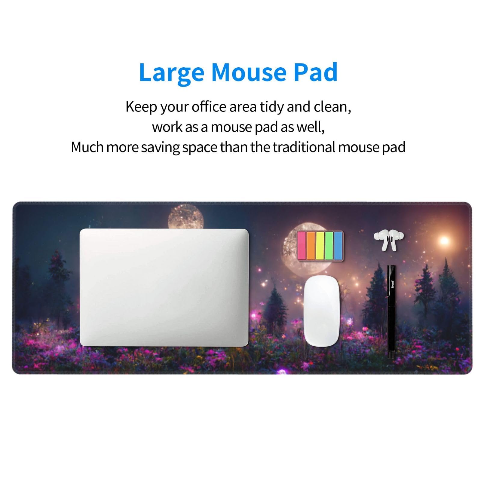 Yrebyou Forest Moon Large Gaming Mouse Pad - 31.5x11.8 Inch Extended Non-Slip Rubber Desk Mat with Stitched Edges & Waterproof Surface - Perfect for PC Gaming, Office Work & Home Computer Setup