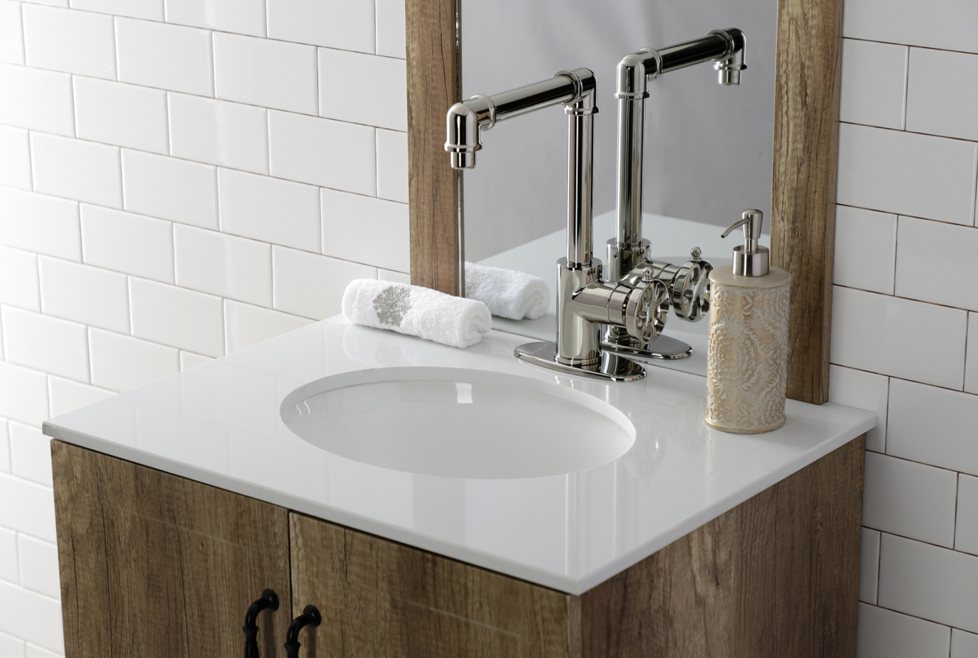 Belknap Single Handle 1 Hole Deck Mount Bathroom Faucet with Push Pop Up Drain - Chrome Finish Modern Waterfall Spout for Vanity Sink - Perfect for Small Bathrooms and Powder Rooms