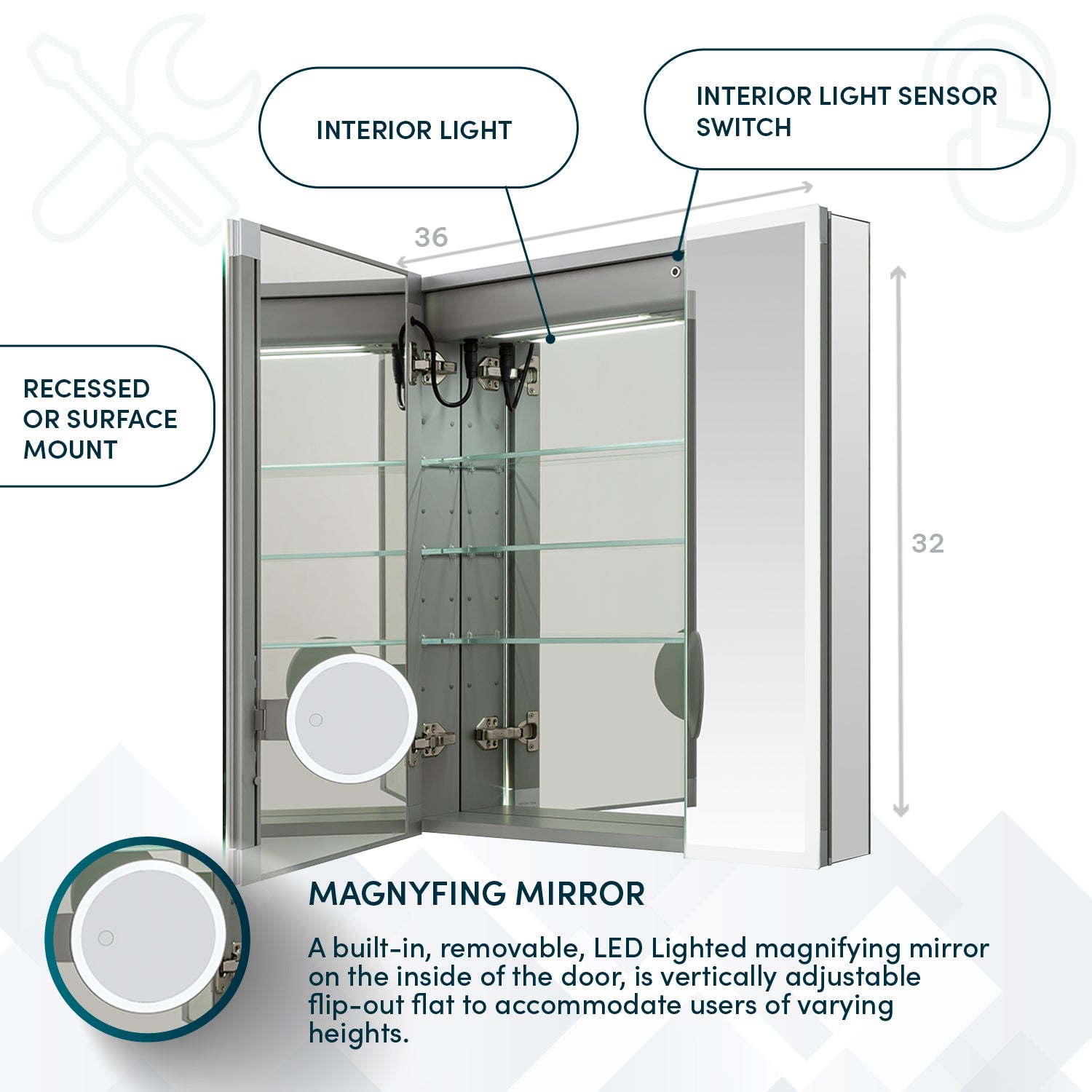 Aquadom Edge Royale 36x32 Inch LED Lighted Triple Door Bathroom Medicine Cabinet - Perfect for Modern Homes & Spa-Like Bathrooms