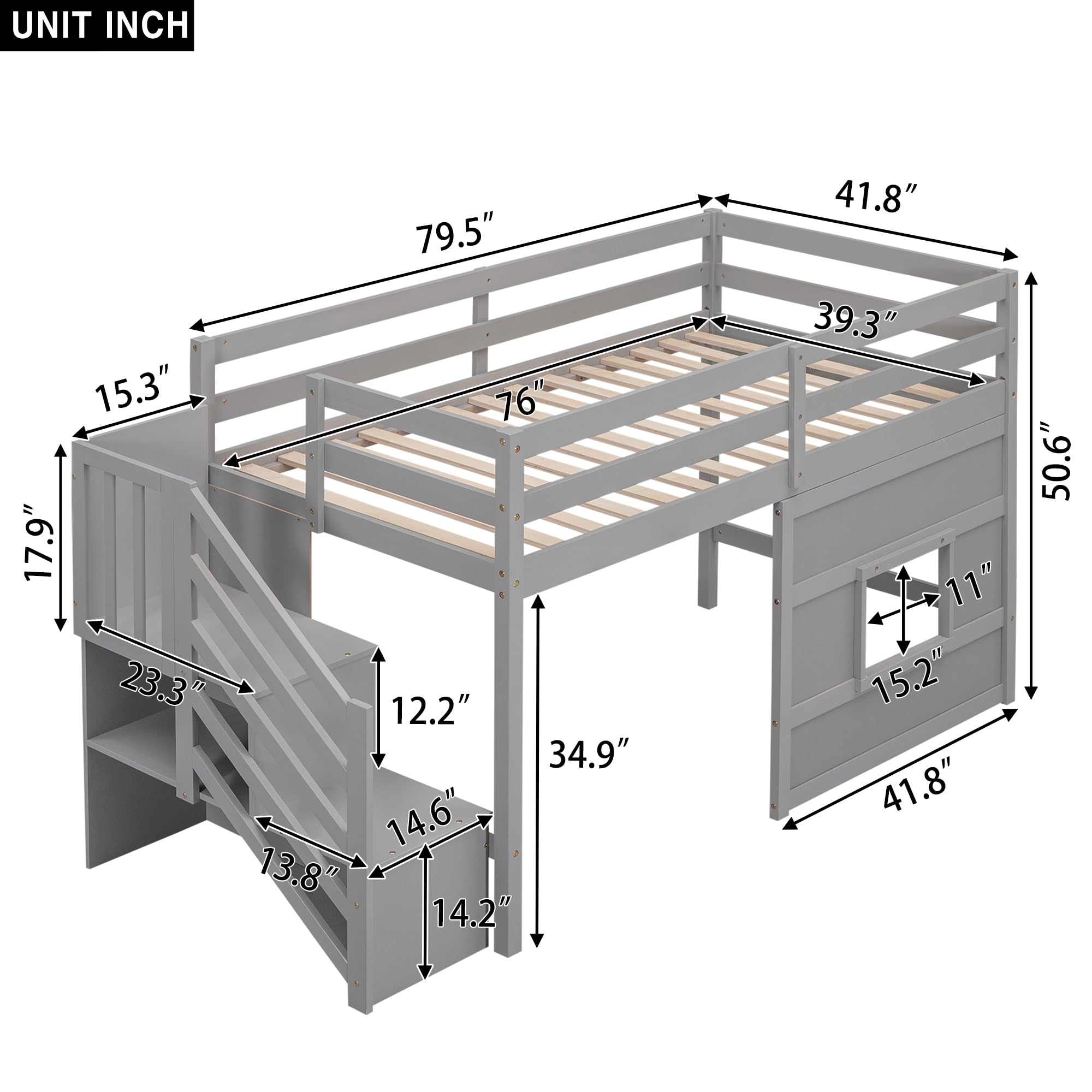 Twin Size Low Loft Bed with Stairs & Storage - Solid Wood Kids Loft Bed Frame for Boys & Girls in Gray - Space Saving Solution for Small Bedrooms, Dorm Rooms & Kids' Rooms