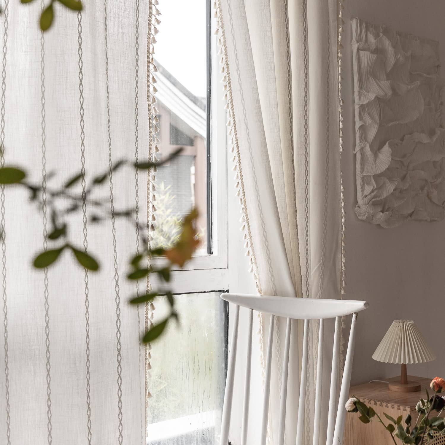 Boho Semi Blackout Window Curtains Set of 2 Panels - 63/84/96 Inch Length, Farmhouse Style with Tassels & Striped Embroidery, Rustic Cotton Linen Blend for Living Room & Bedroom | Perfect for Sun Protection, Privacy & Bohemian Home Decor