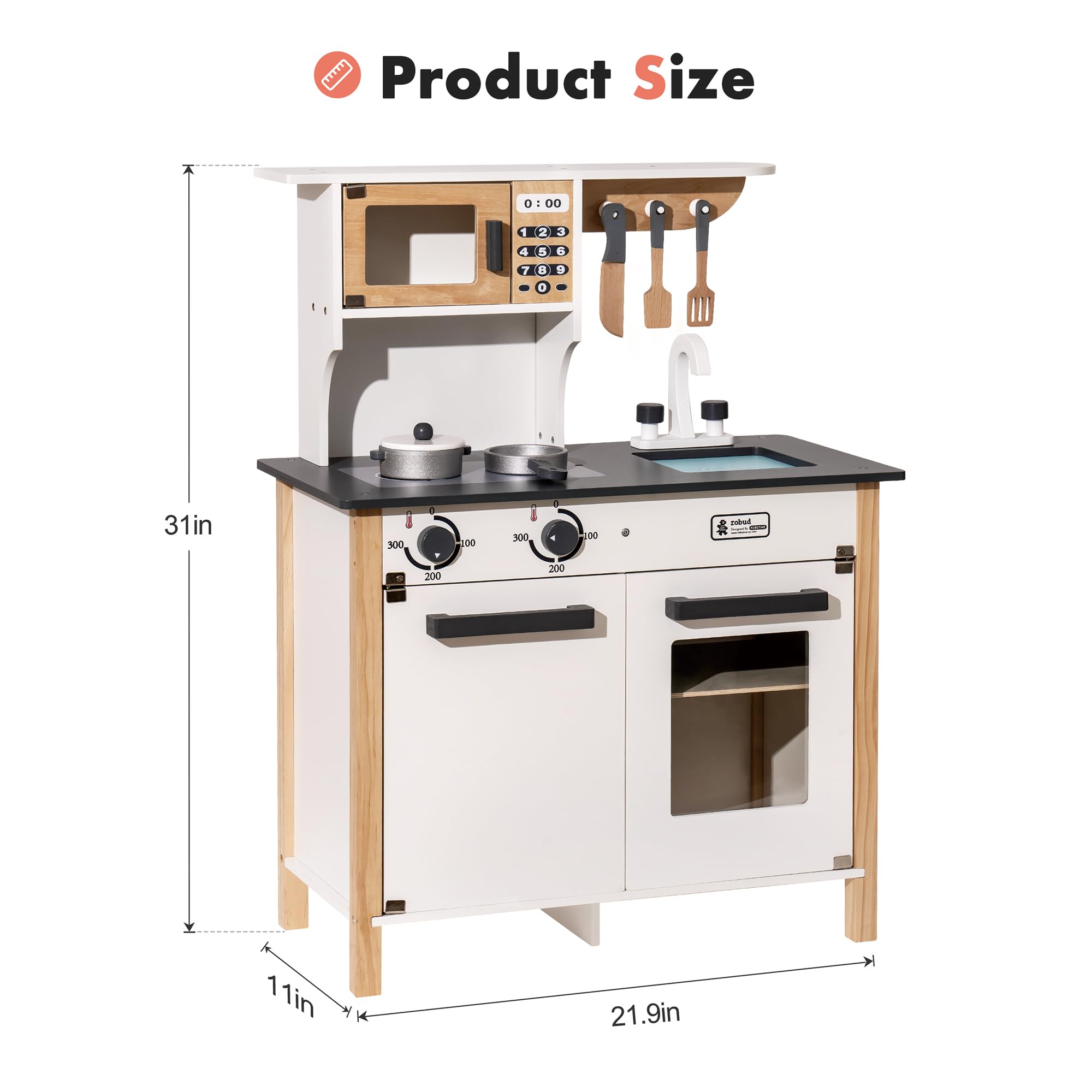 ROBUD Wooden Play Kitchen Set for Kids - Realistic Pretend Toy Kitchen with Sink, Stove & Accessories - Perfect Gift for Boys & Girls Ages 3+ - Great for Imaginative Play, Role Playing & Early Learning