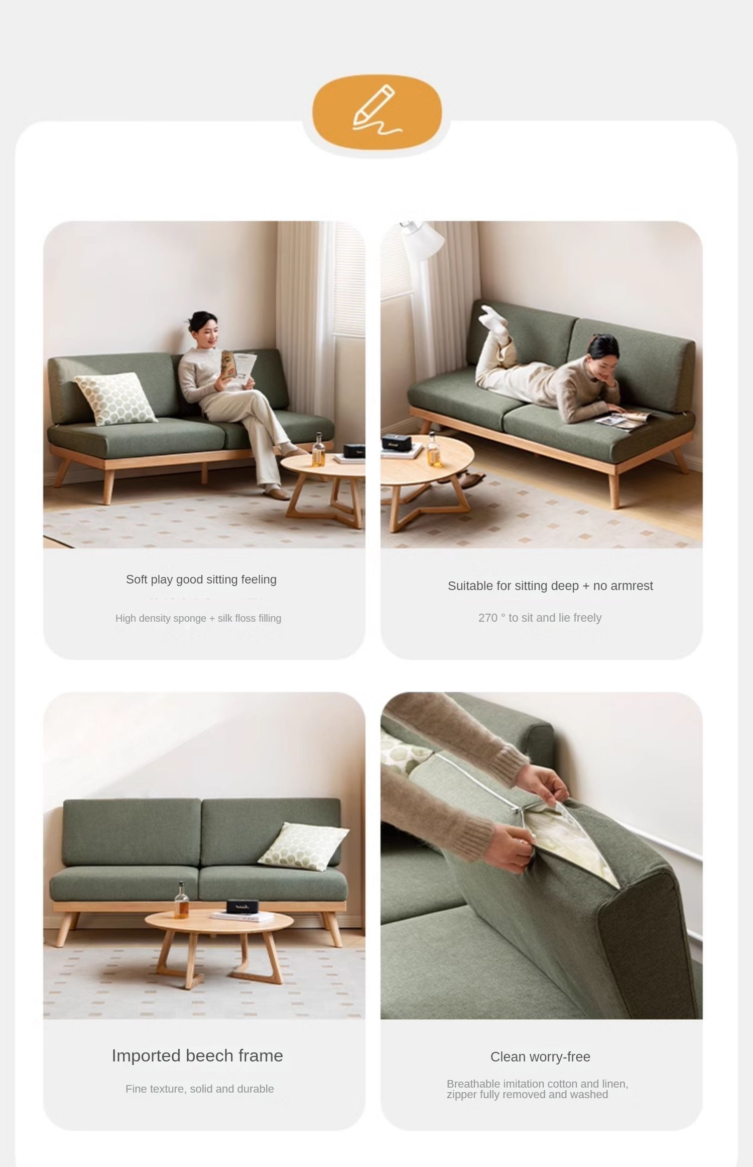 Premium Beech Solid Wood Upholstered Sofa - Comfortable & Durable Living Room Furniture for Relaxing & Entertaining