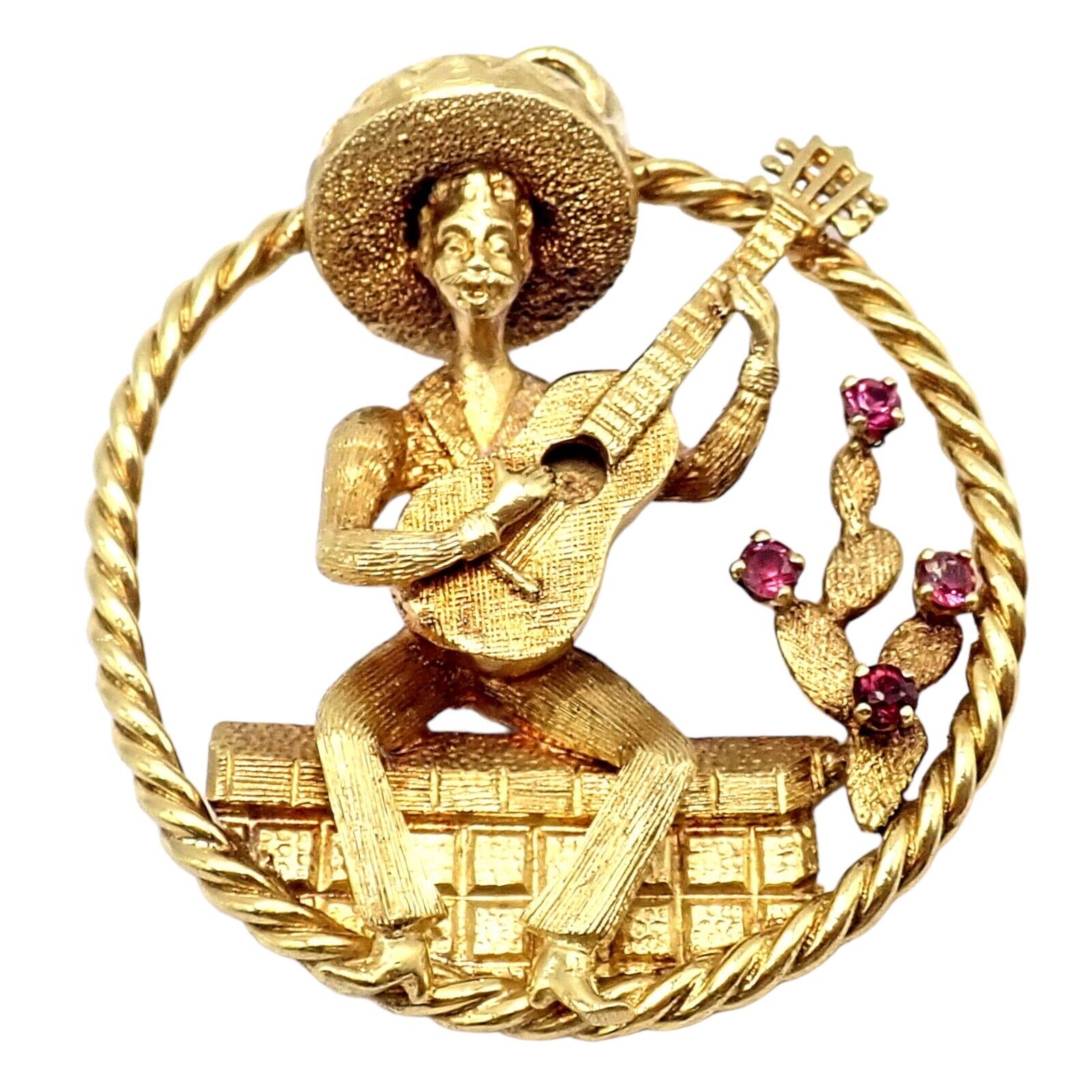 Authentic Rudi Cherny 18k Yellow Gold Guitar Player Cactus Ruby Pendant Necklace - Perfect for Music Lovers & Western Style Jewelry Gifts