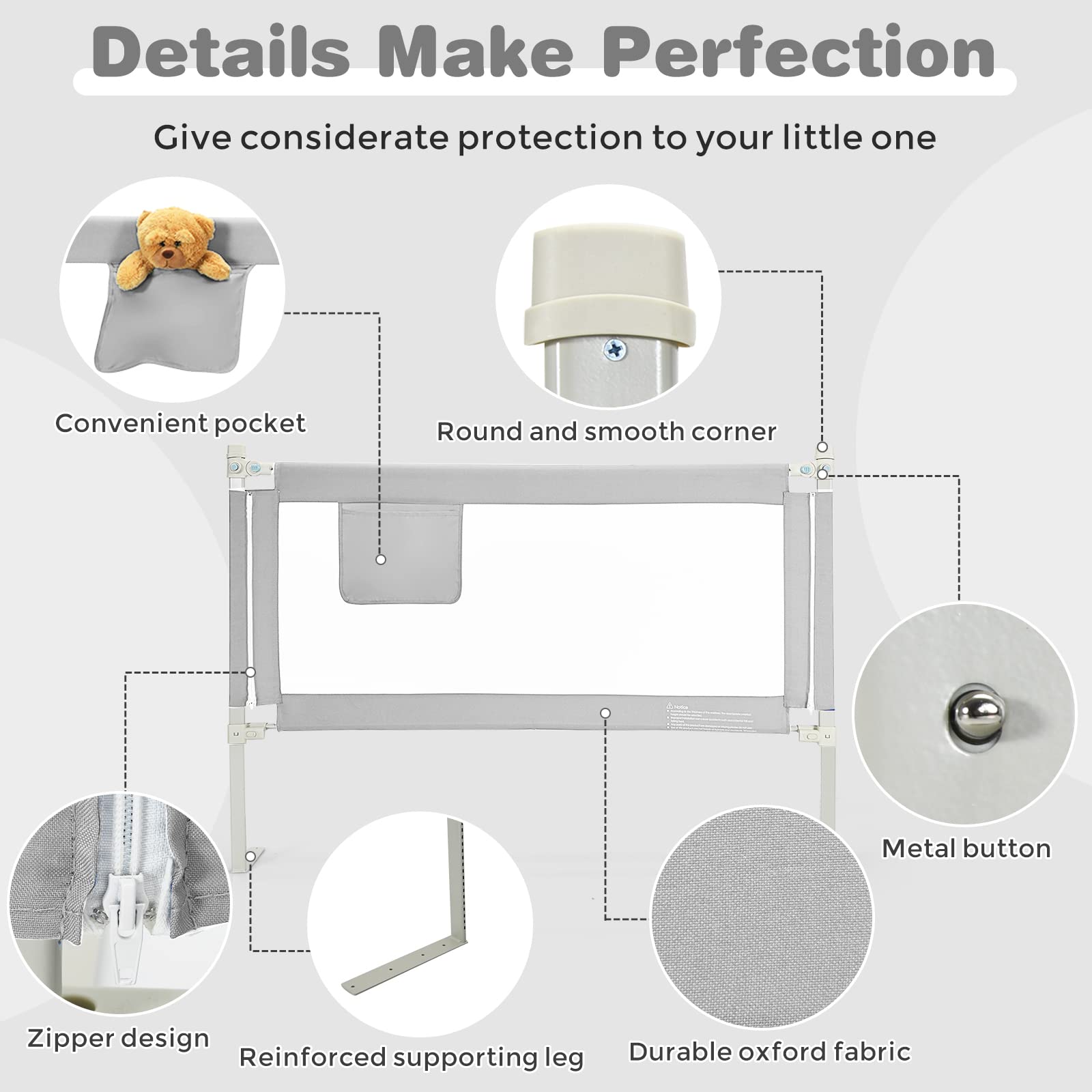 HONEY JOY 57-inch Extra Long Toddler Bed Rail - Portable Safety Guardrail with Side Pocket for Baby & Kids - Fits King, Queen, Full & Twin Size Mattresses (Gray) - Perfect for Travel, Home & Daycare Use