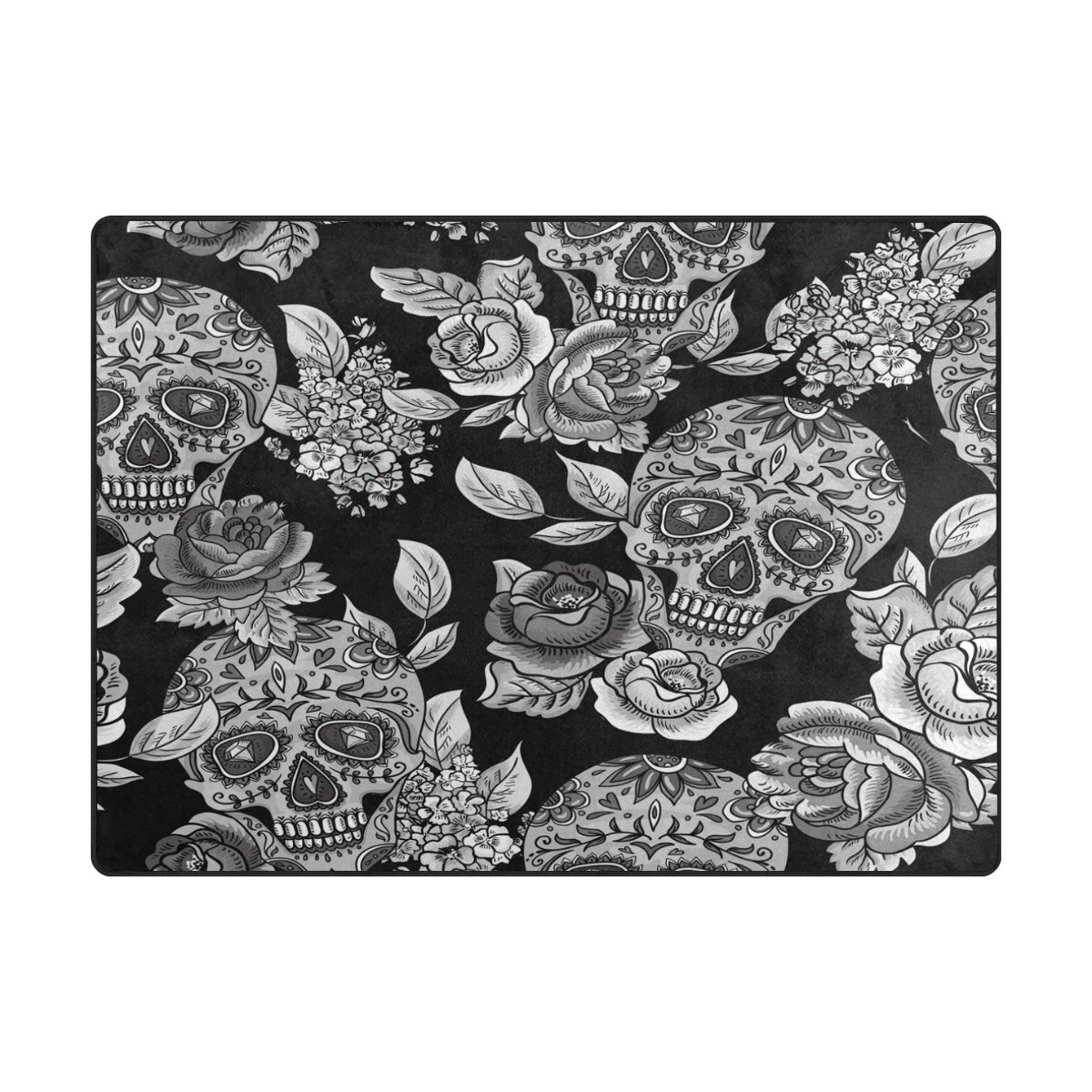 ALAZA Monochrome Floral Sugar Skull Day of The Dead Rug - 5'3 x 4' Non-Slip Area Rug for Living Room, Bedroom, Dorm - Mexican Folk Art Home Decor for Halloween, Dia de los Muertos Celebration