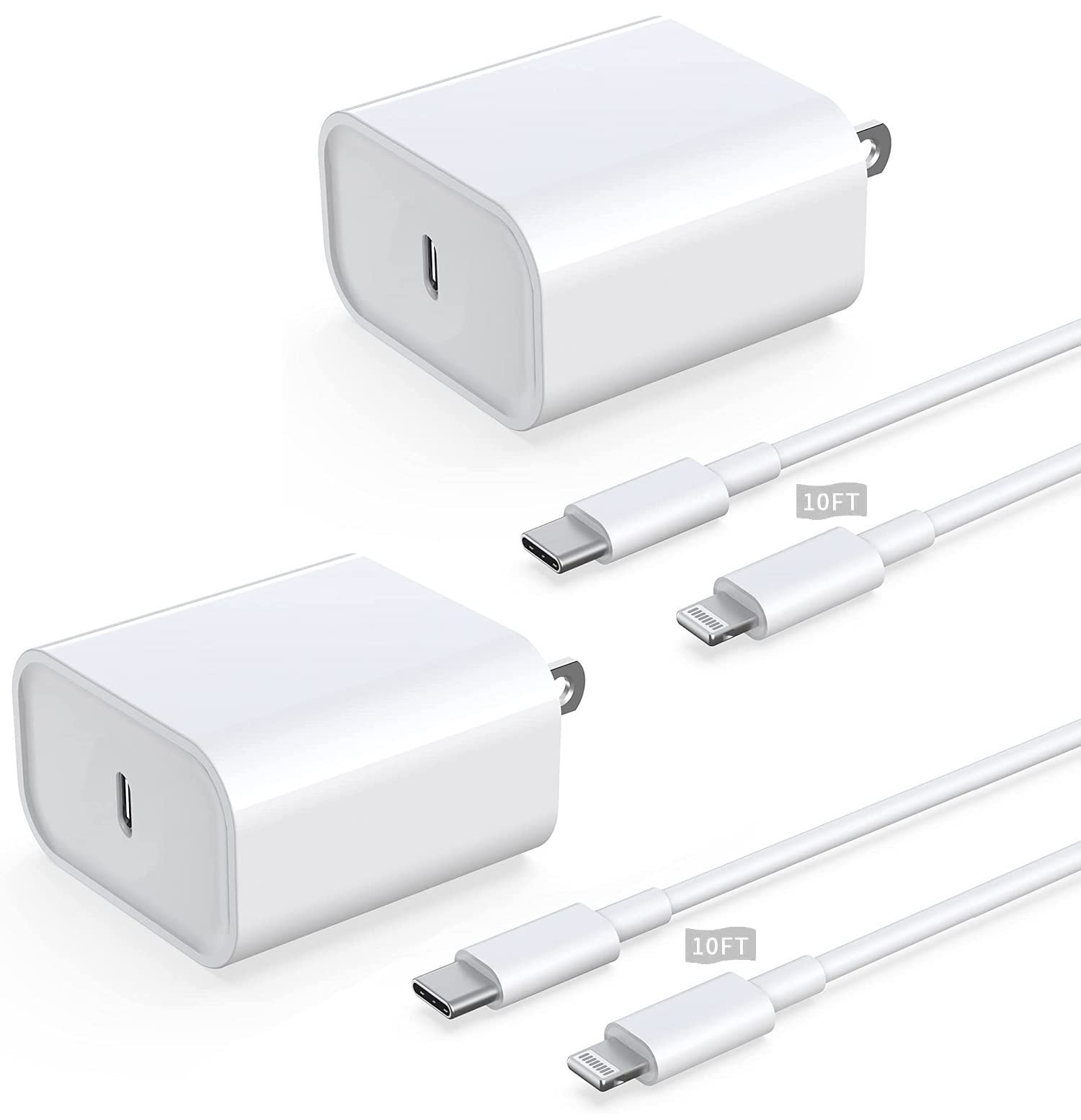 10FT iPhone Fast Charger [MFi Certified] 2 Pack PD 20W USB C Wall Charger with Extra Long Type C to Lightning Cable - Fast Charging & Data Sync for iPhone 14/13/12/11 Pro Max/XS/XR/X & iPad - Perfect for Home, Office & Travel Charging