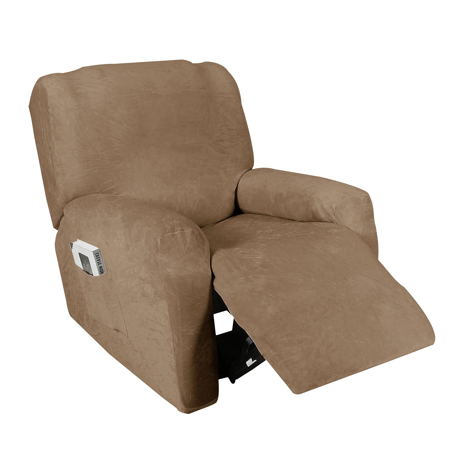 Golden Linens One Piece Recliner Chair Cover - Velvet Fabric Stretch 4-Way Slipcover with Remote Pocket | Furniture Protector for Most Recliners | Taupe Color (#JOLAN) | Perfect for Living Room, Home Theater & Office Comfort