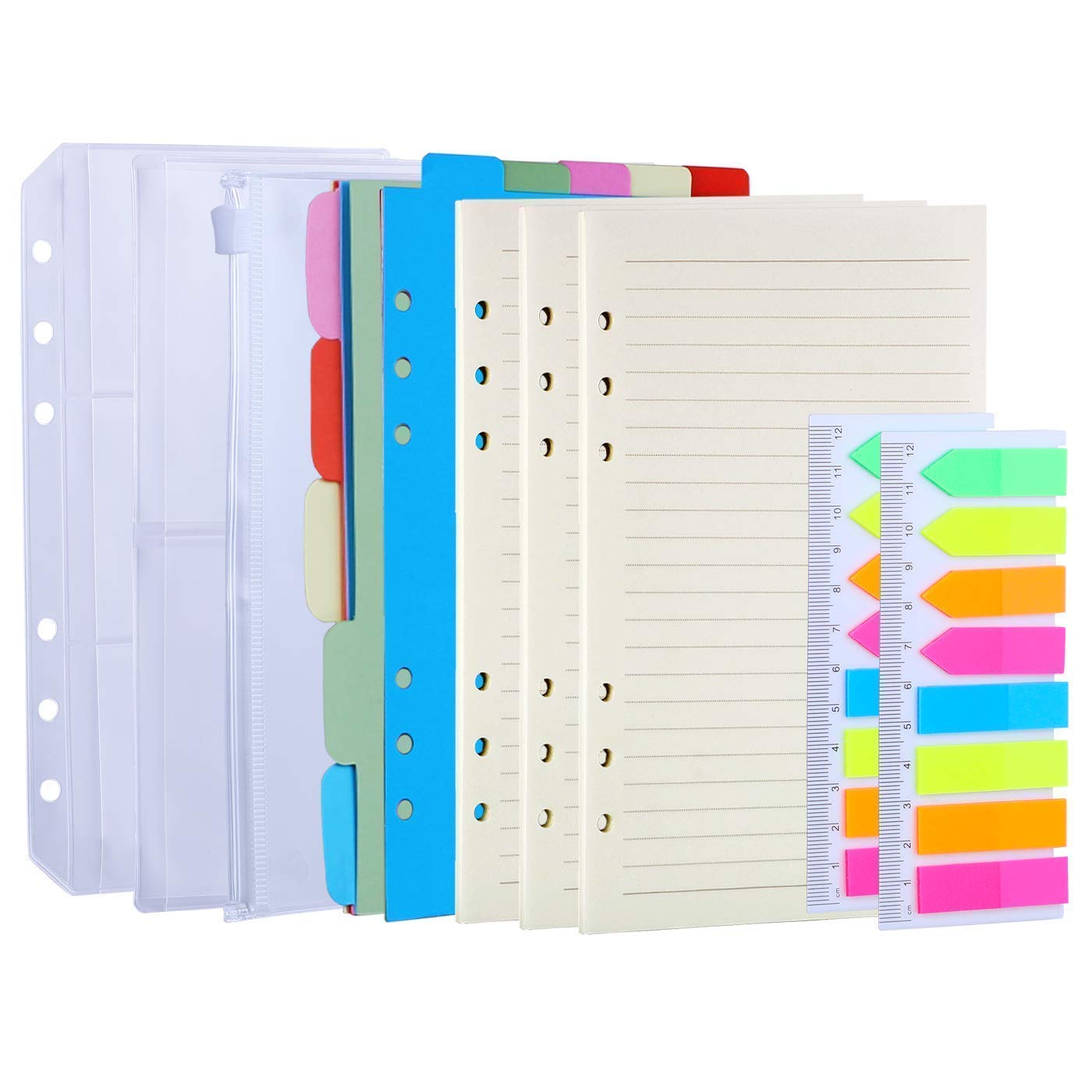 Antner A6 PU Leather Notebook Binder (White) - 3-Pack Refill Paper, 160 Neon Page Markers, 10 Dividers & 3 Pockets - Perfect for School, Office & Planner Organization