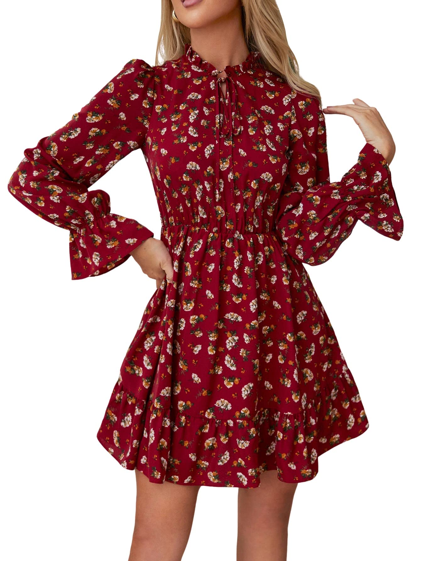 MakeMeChic Women's Floral Print Long Sleeve Tie Neck Ruffle Hem A-Line Swing Dress - Elegant Party & Wedding Guest Outfit