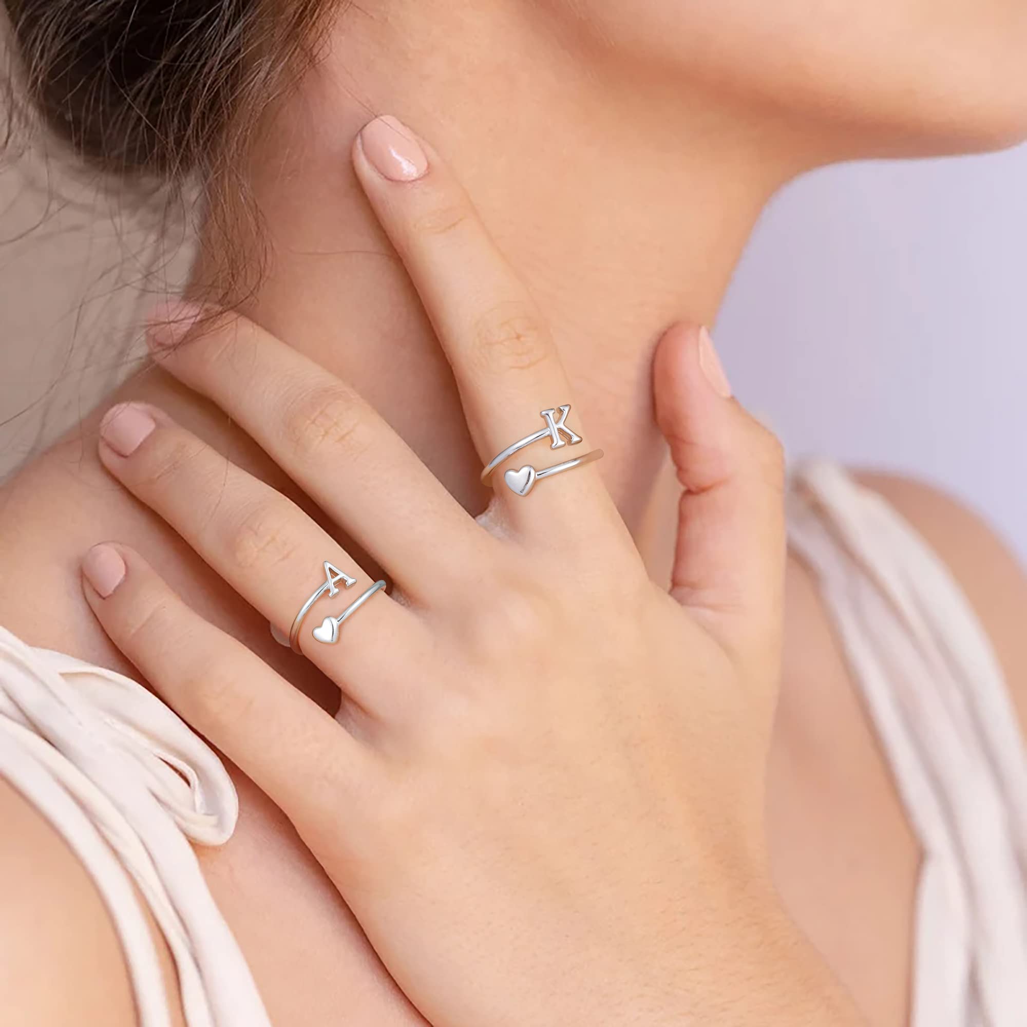 Heart Initial Rings for Women & Teen Girls - Adjustable Stackable Letter Rings - Perfect for Gifts, Valentine's Day & Everyday Wear