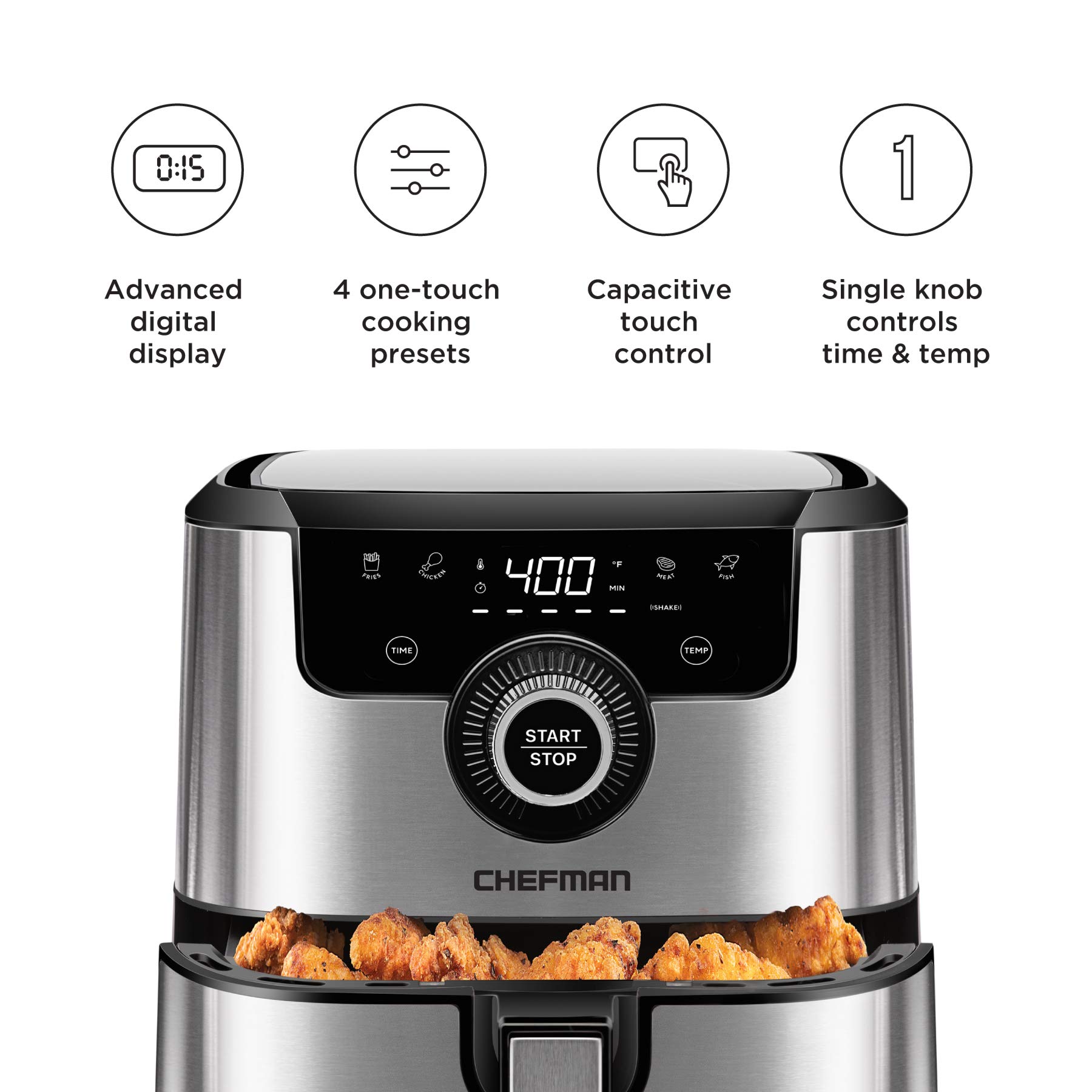 Chefman 4.5 Quart Air Fryer - Healthy Oil-Free Cooking with Dual Temperature Control, Nonstick Stainless Steel Basket (Dishwasher Safe), 60-Min Timer & Auto Shutoff - Perfect for Family Meals, Quick Snacks & Low-Fat Cooking