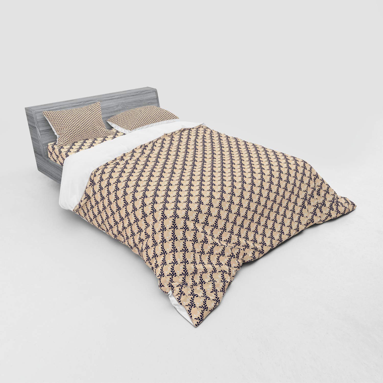 Ambesonne 4-Piece Abstract Duvet Cover Set - Botanical Garden Leaves Print, Queen Size Bedding with Shams & Fitted Sheet in Pale Brown & Dark Grey | Perfect for Modern Bedroom Decor & Plant Lovers