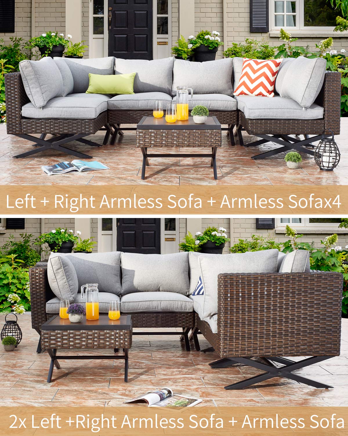 PatioFestival Armless Outdoor Sofa Set - X-Leg Patio Conversation Furniture with 5.1 Inch Cushions for Backyard, Garden & Poolside Relaxation