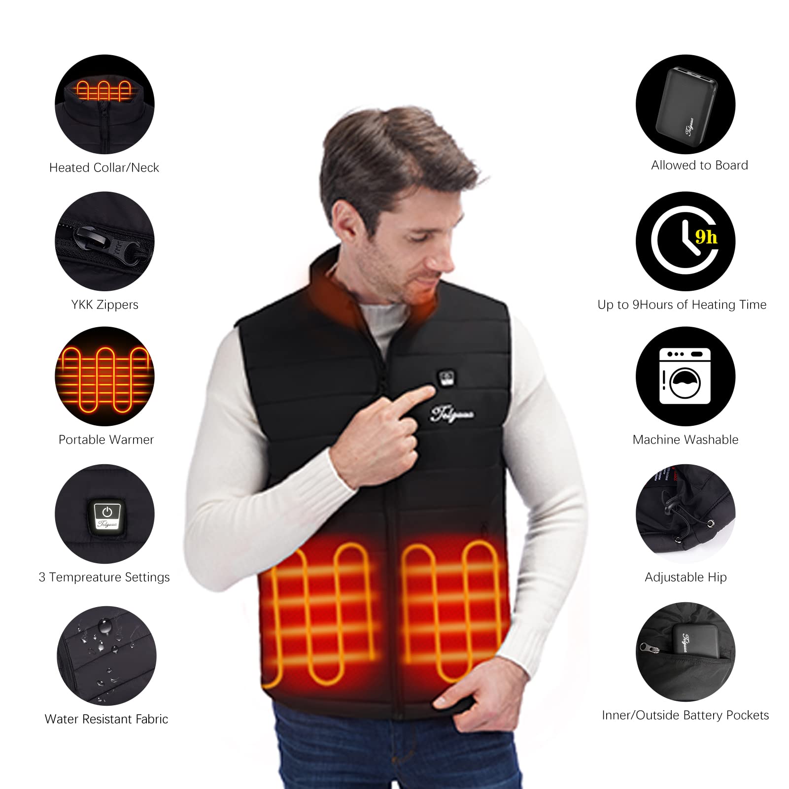 Telguua Men's Heated Vest with Rechargeable Battery Pack - Electric Heating Jacket for Cold Weather - Perfect for Outdoor Work, Hiking, and Winter Sports